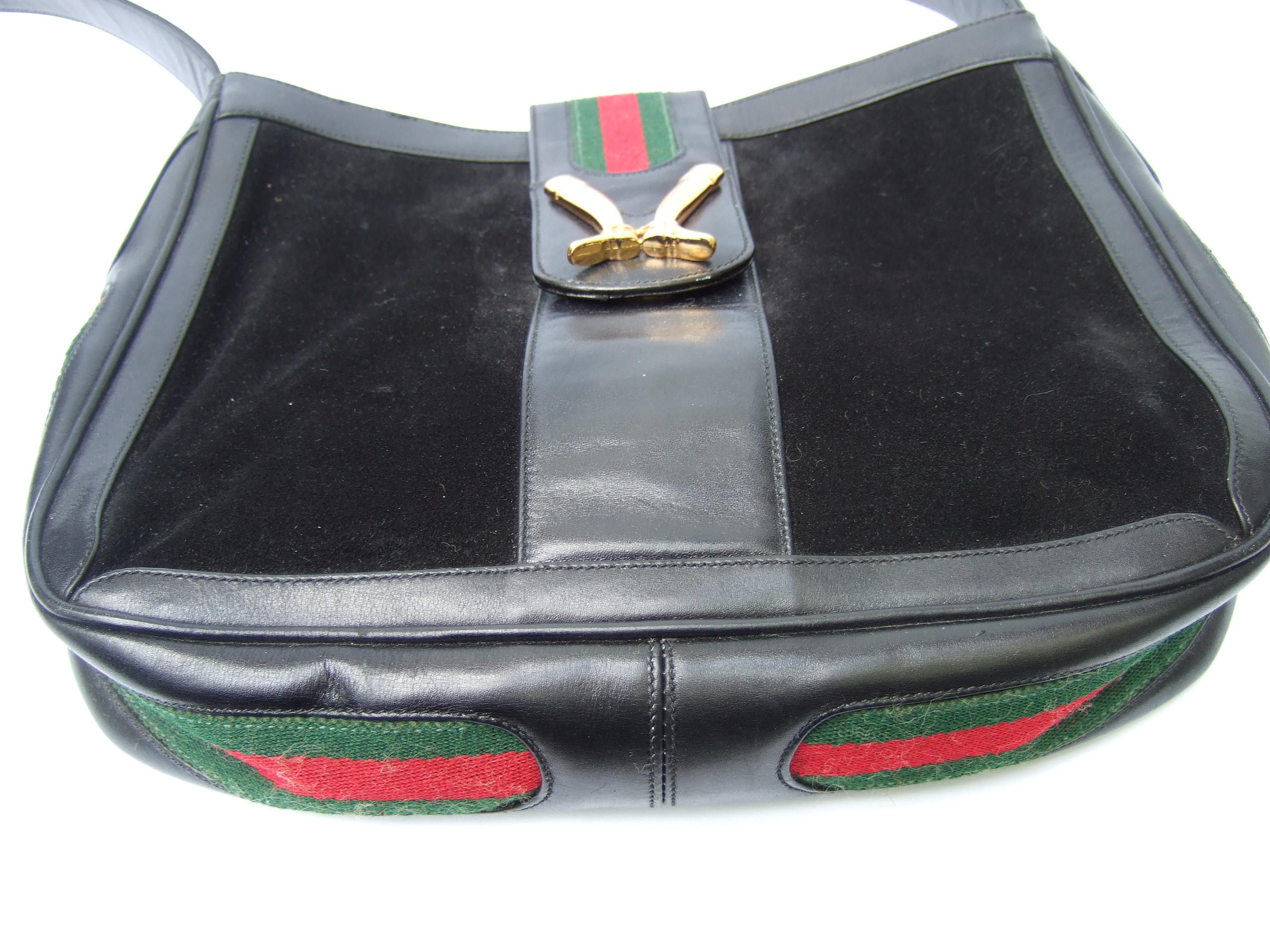 Gucci Italy Rare Black Suede Boot Emblem Shoulder Bag c 1970s For Sale 7
