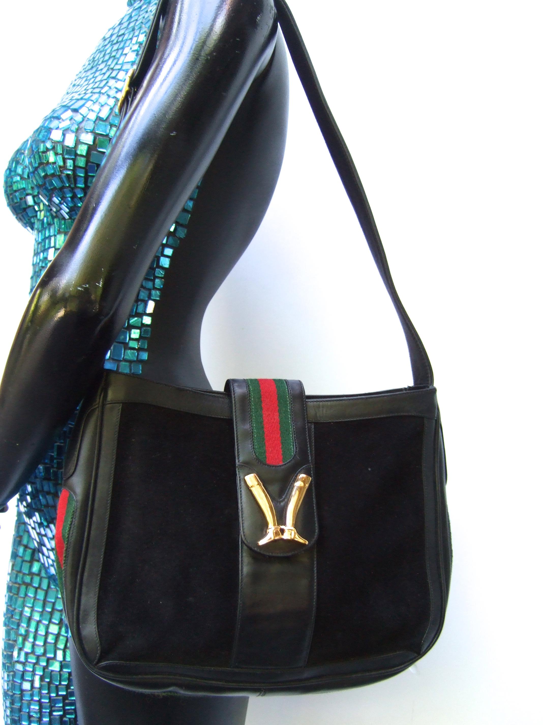 Gucci Italy Rare Black Suede Boot Emblem Shoulder Bag c 1970s For Sale 8