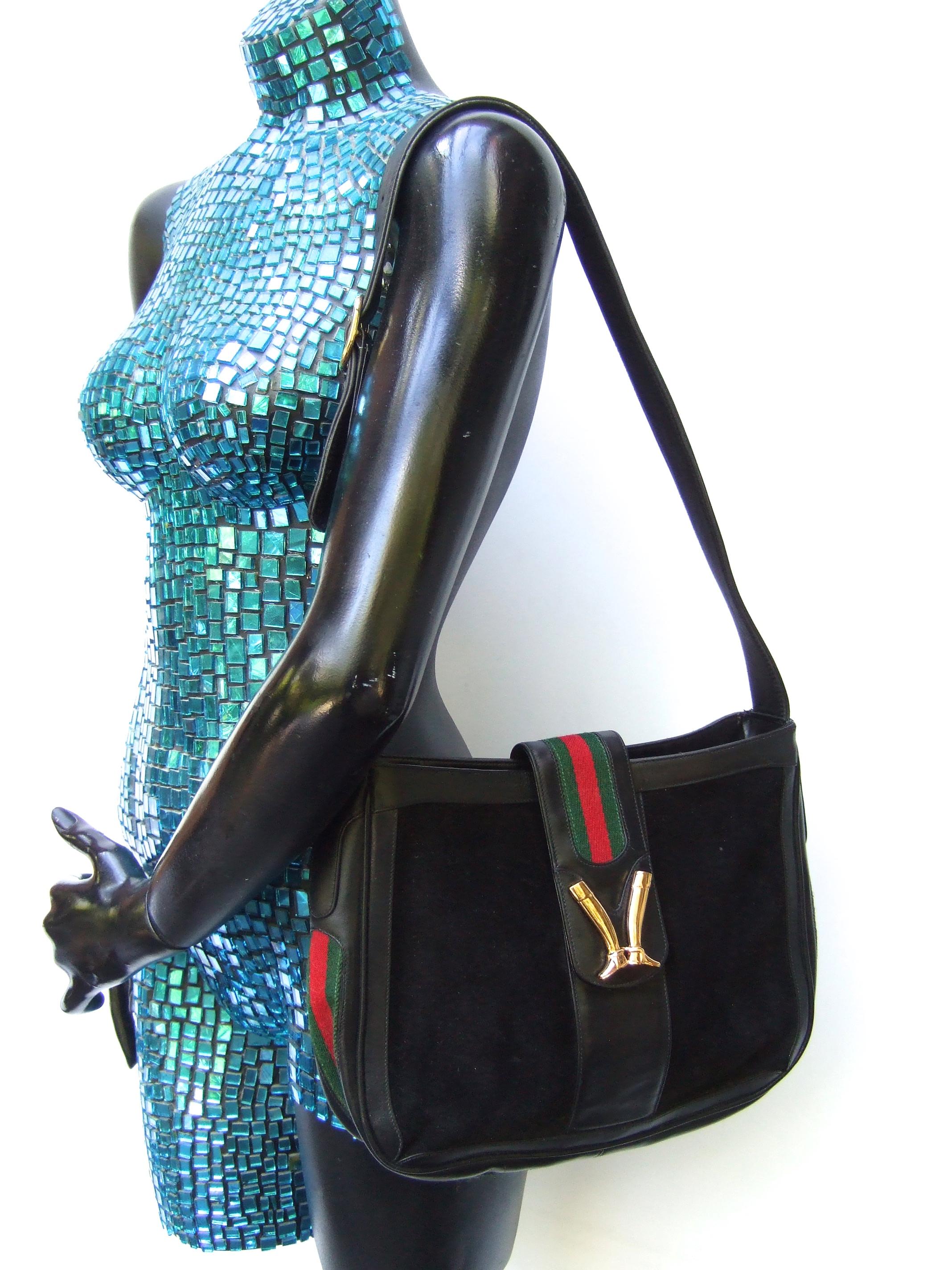 Gucci Italy Rare Black Suede Boot Emblem Shoulder Bag c 1970s For Sale 11