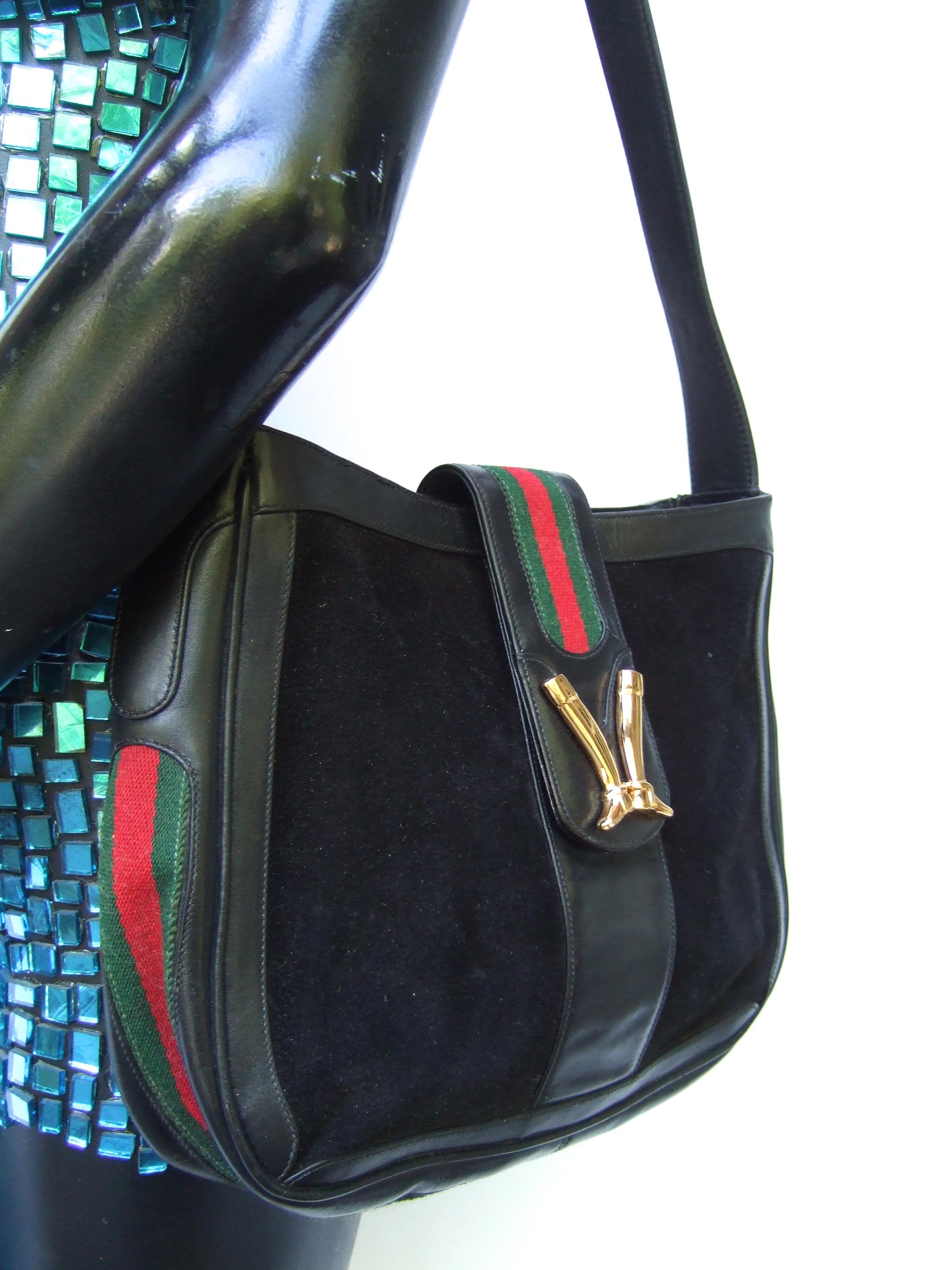 Gucci Italy Rare Black Suede Boot Emblem Shoulder Bag c 1970s In Good Condition For Sale In University City, MO