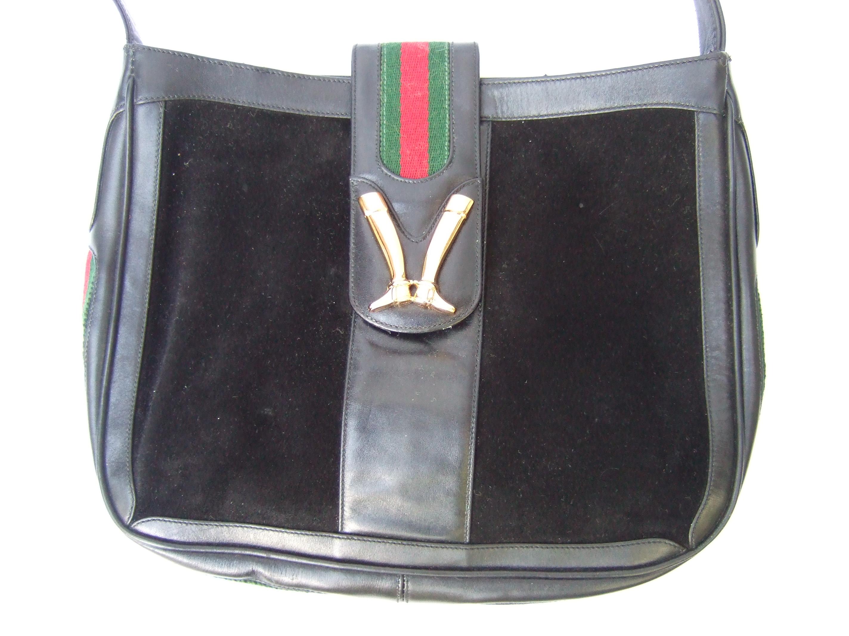 Women's Gucci Italy Rare Black Suede Boot Emblem Shoulder Bag c 1970s For Sale