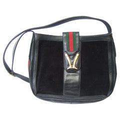 Gucci Italy Rare Black Suede Boot Emblem Shoulder Bag c 1970s