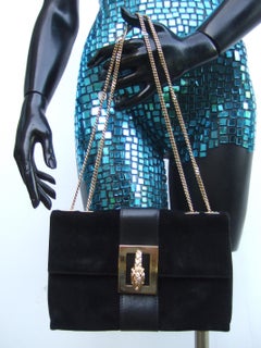Gucci Italy Rare Black Suede Tiger Emblem Handbag Tom Ford Design c 1990s
