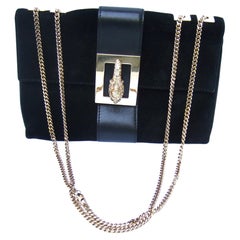 Used Gucci Italy Rare Black Suede Tiger Emblem Handbag Tom Ford Design c 1990s 