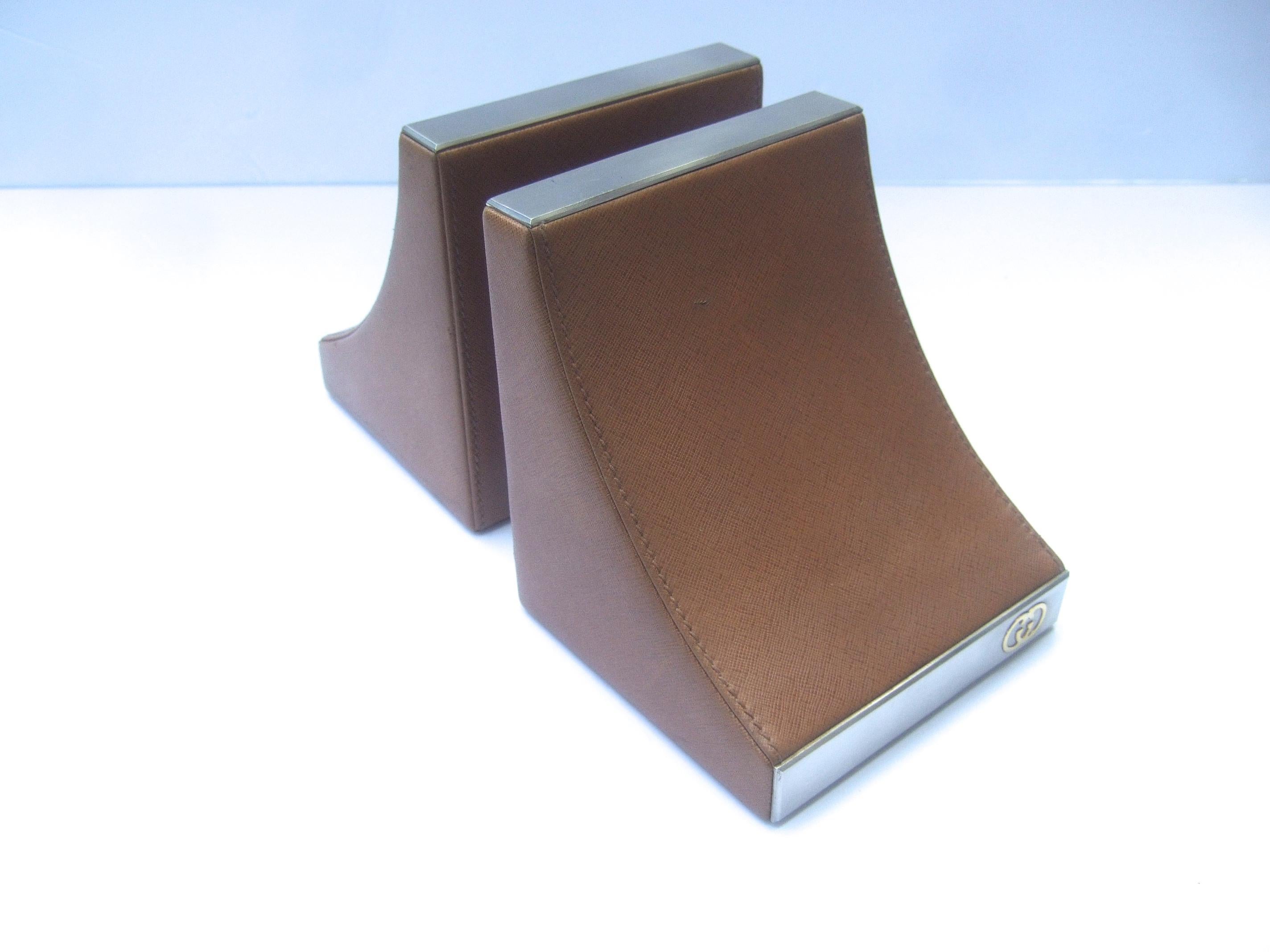 Gucci Italy Rare Caramel Brown Leather Pair of Bookends c 1970s  5