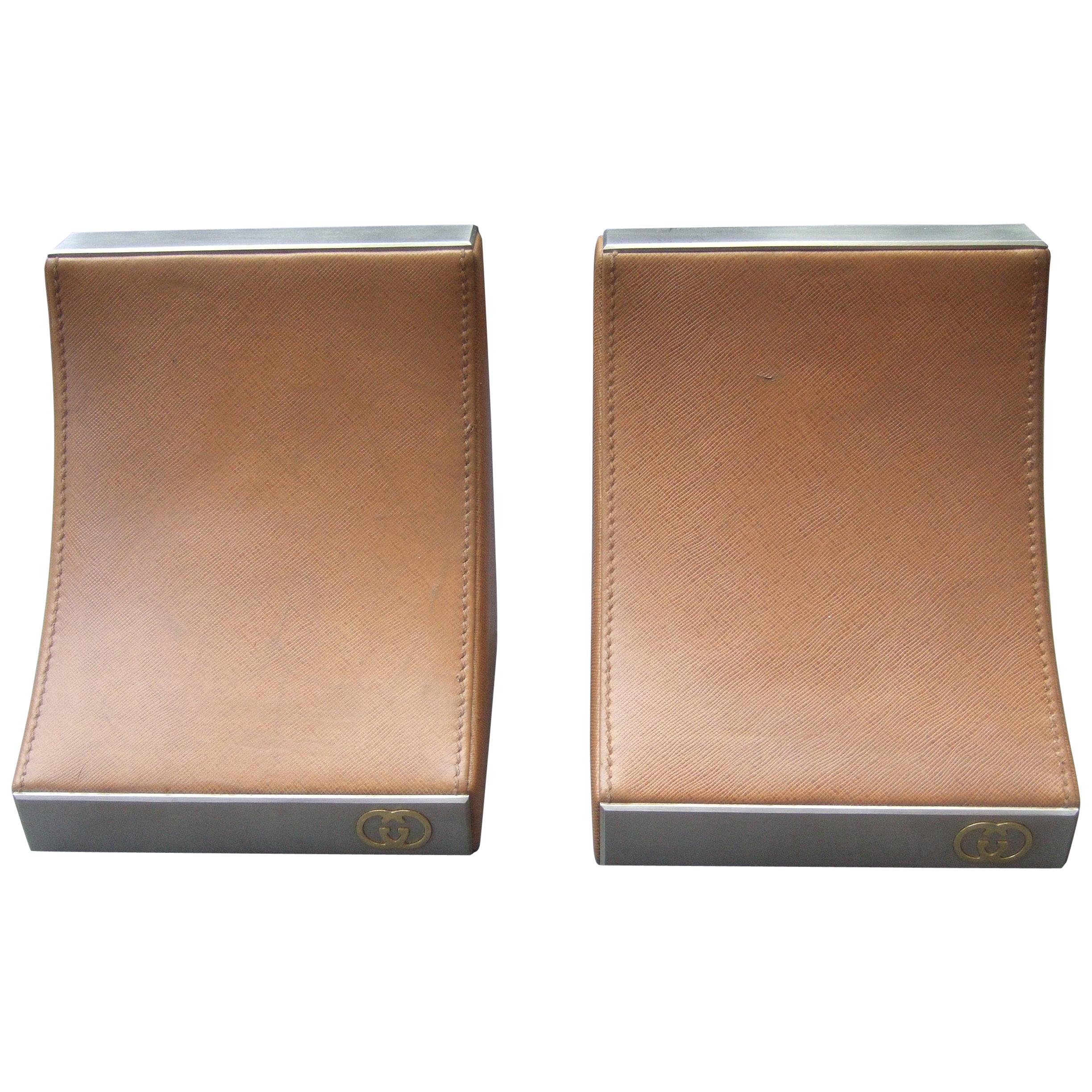 Gucci Italy Rare Caramel Brown Leather Pair of Bookends c 1970s 