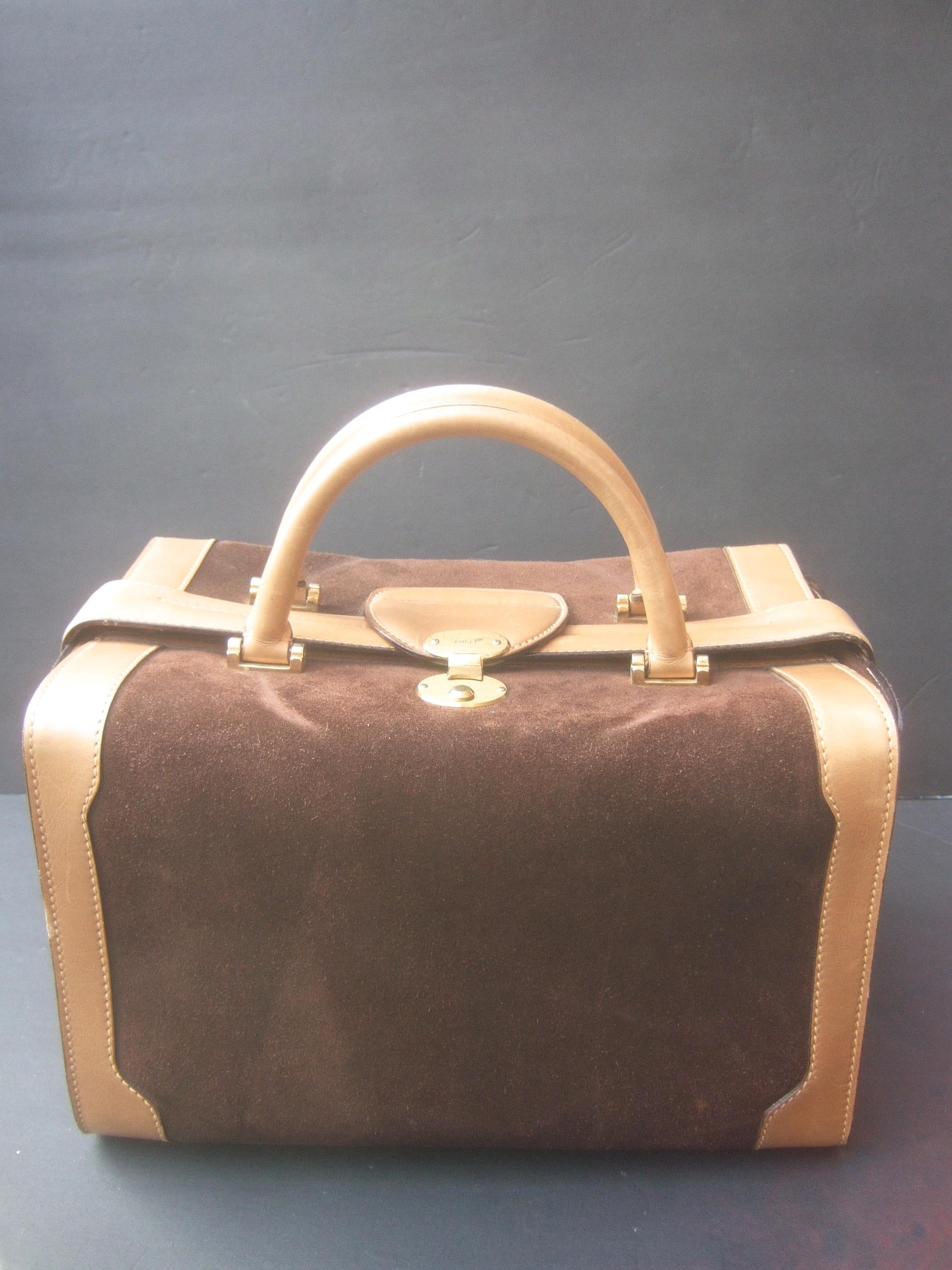 Gray Gucci Italy Rare Chocolate Brown Suede Leather Trim Train Case c 1970s