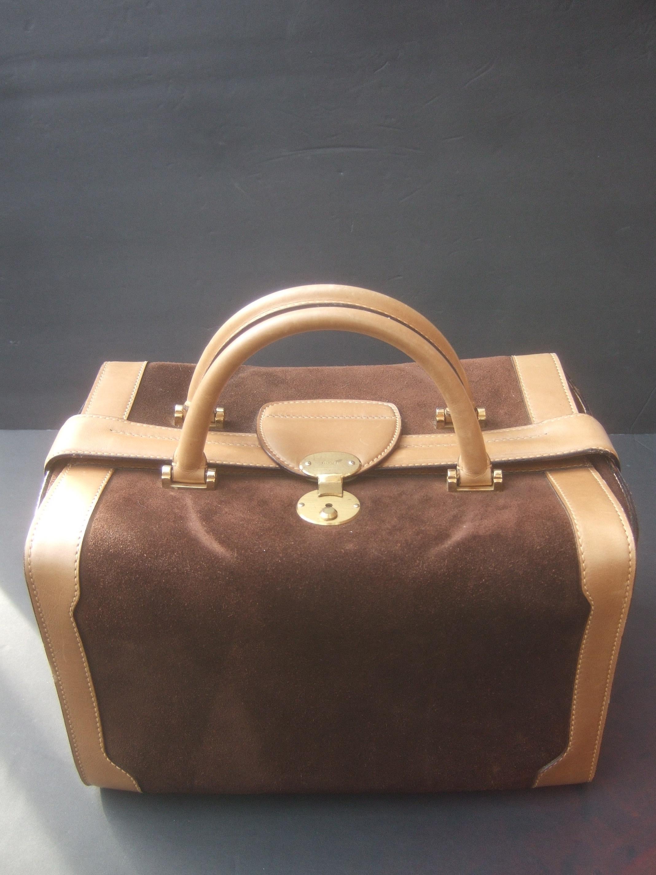 Gucci Italy Rare Chocolate Brown Suede Leather Trim Train Case c 1970s 1