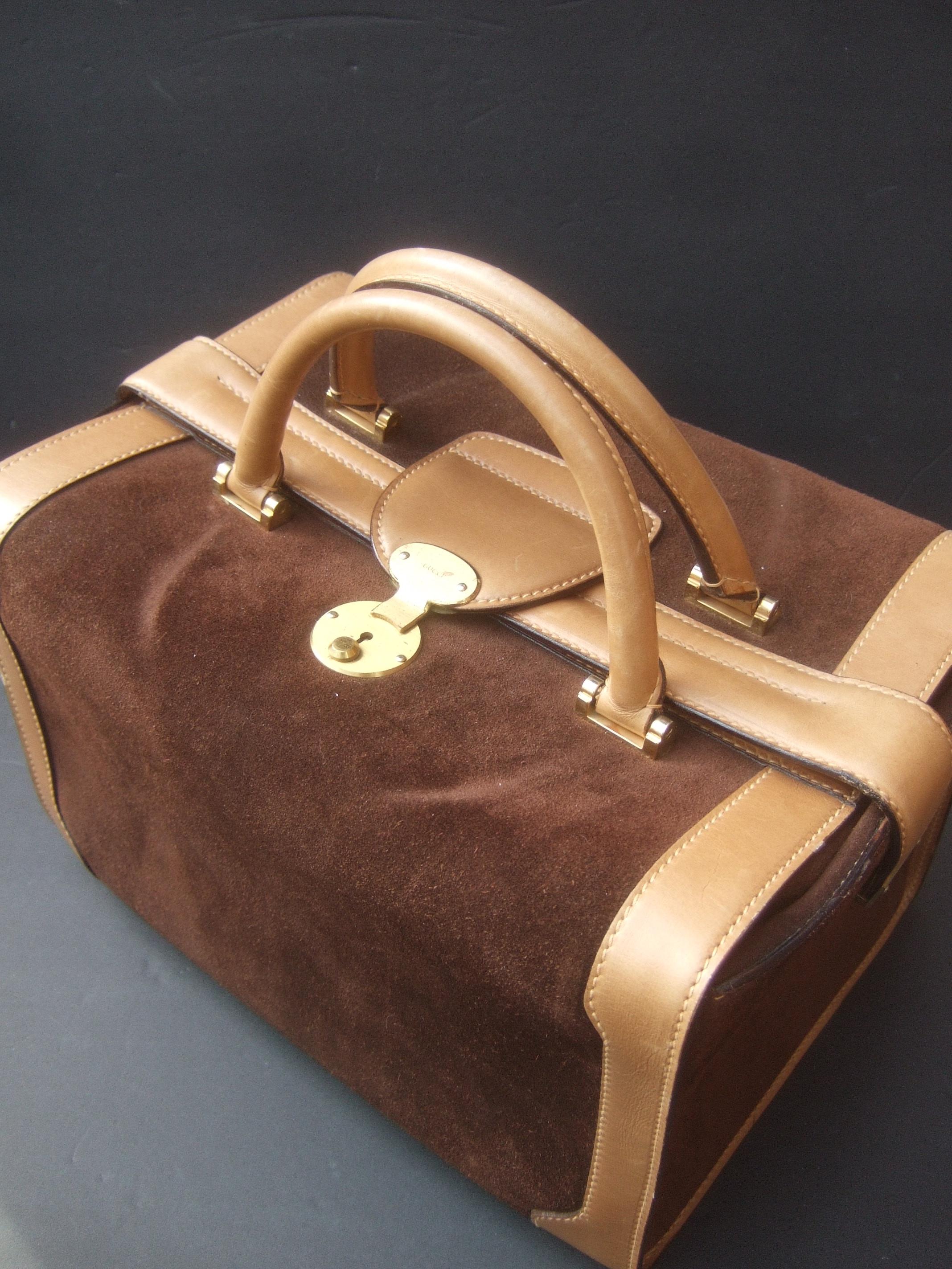 Gucci Italy Rare Chocolate Brown Suede Leather Trim Train Case c 1970s 2