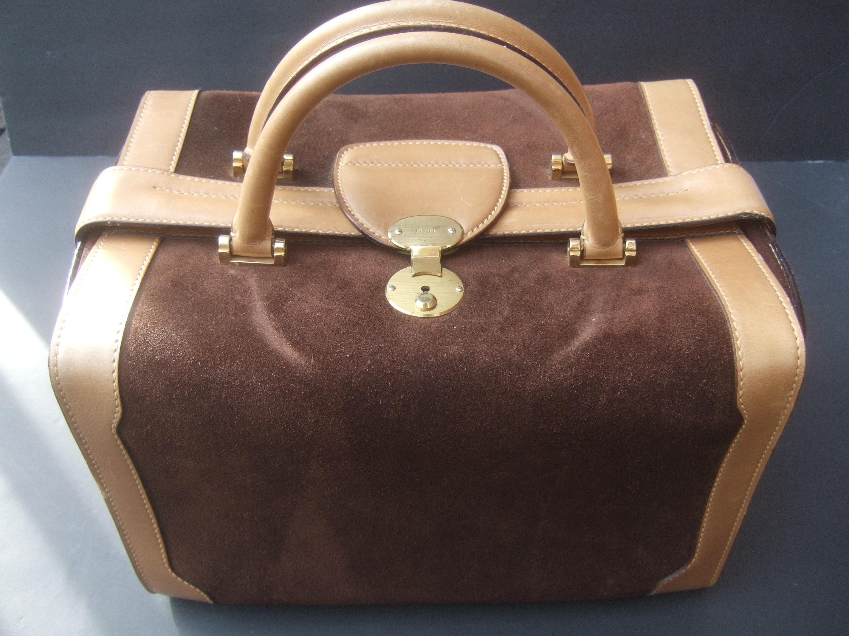 Gucci Italy Rare Chocolate Brown Suede Leather Trim Train Case c 1970s 3