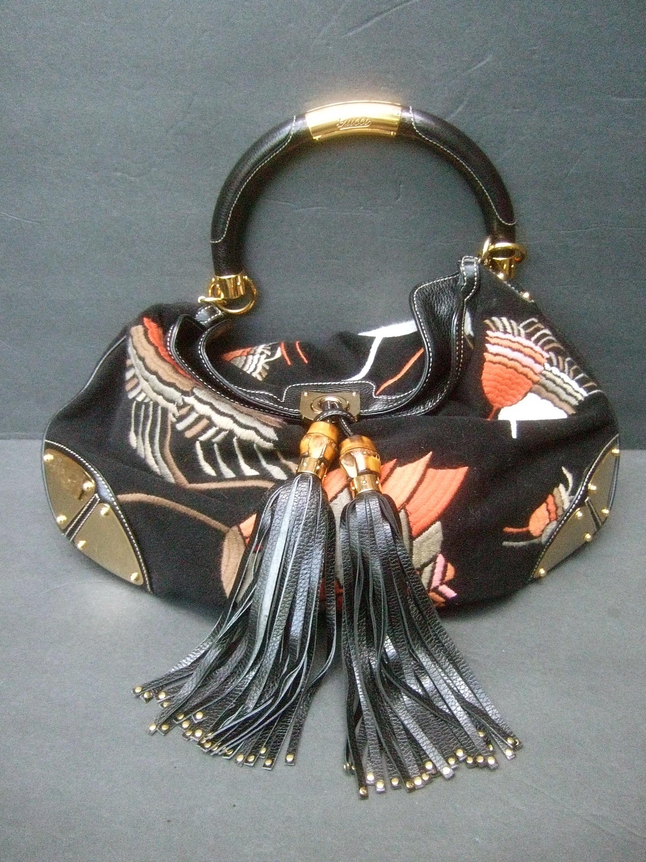 Gucci Italy Rare Embroidered Black Wool Large Handbag - Shoulder Bag c 1990s 7