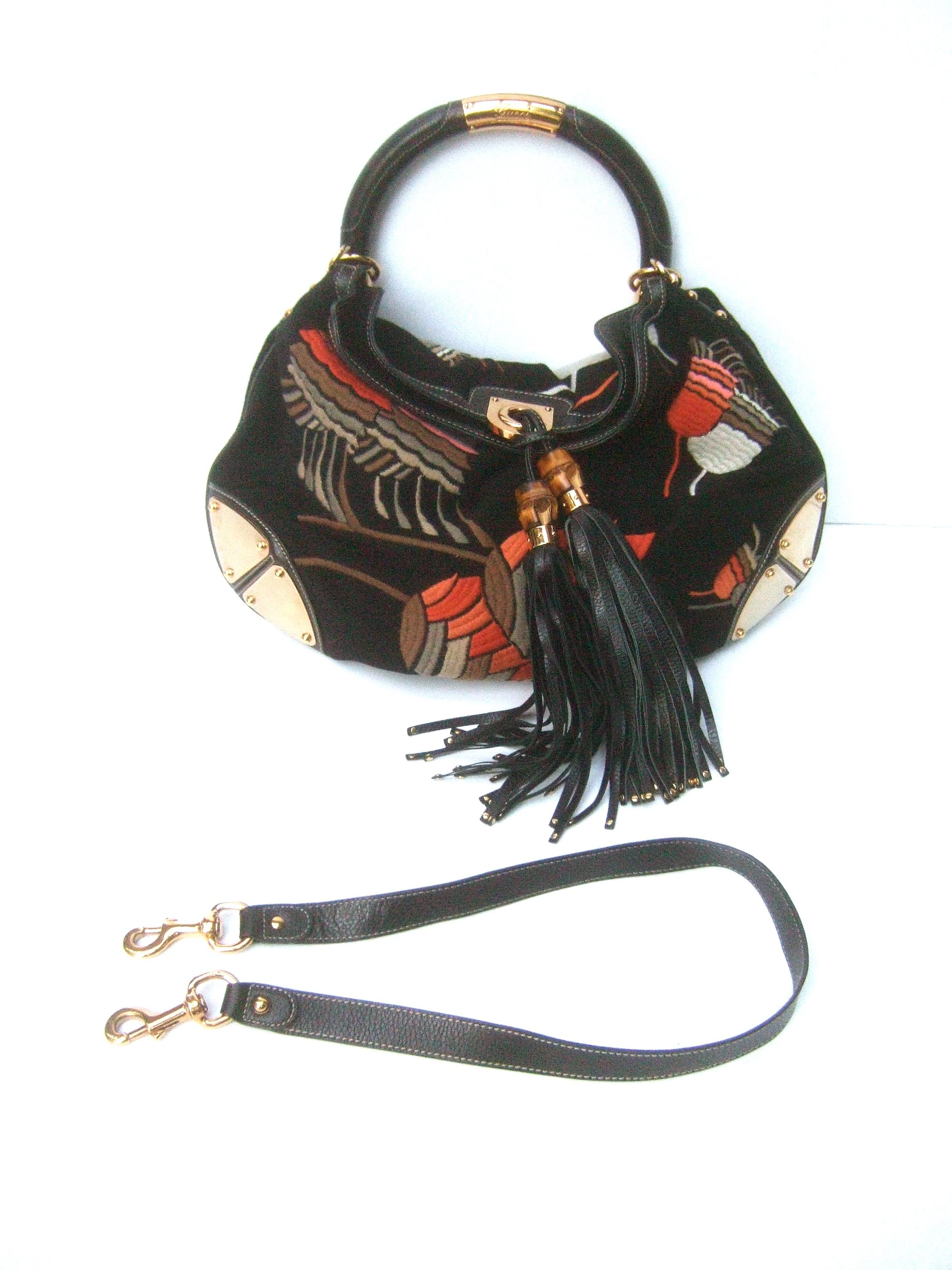 Gucci Italy Rare Embroidered Black Wool Large Handbag - Shoulder Bag c 1990s 8