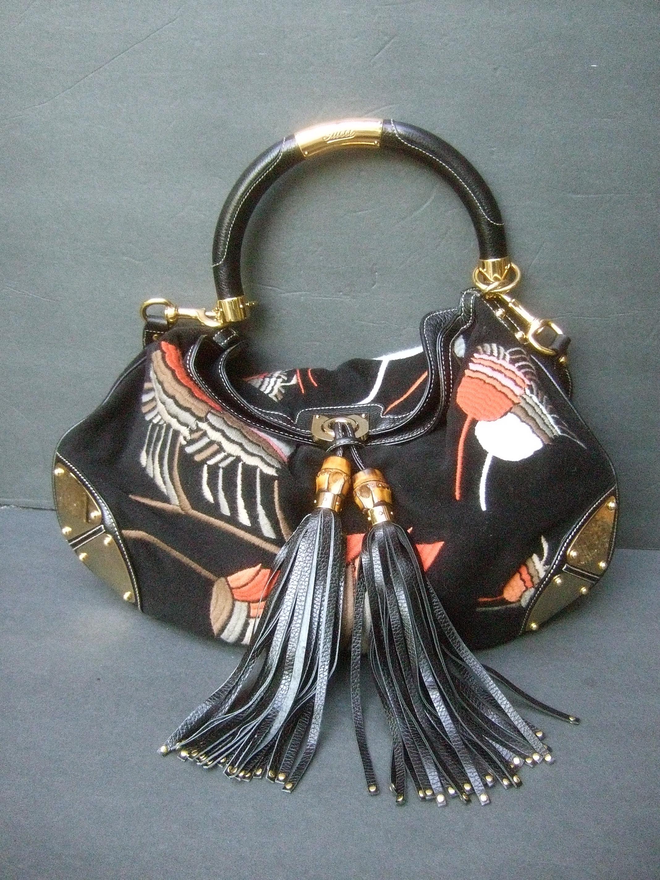 Gucci Italy Rare Embroidered Black Wool Large Handbag - Shoulder Bag c 1990s In Good Condition In University City, MO
