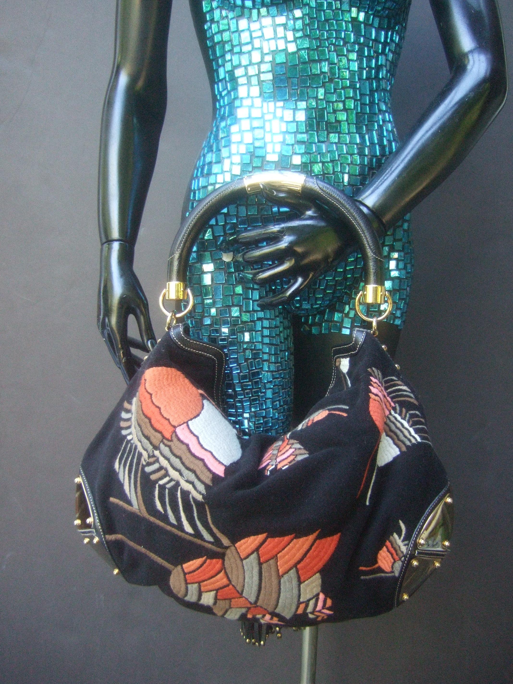 Gucci Italy Rare Embroidered Black Wool Large Handbag - Shoulder Bag c 1990s 2