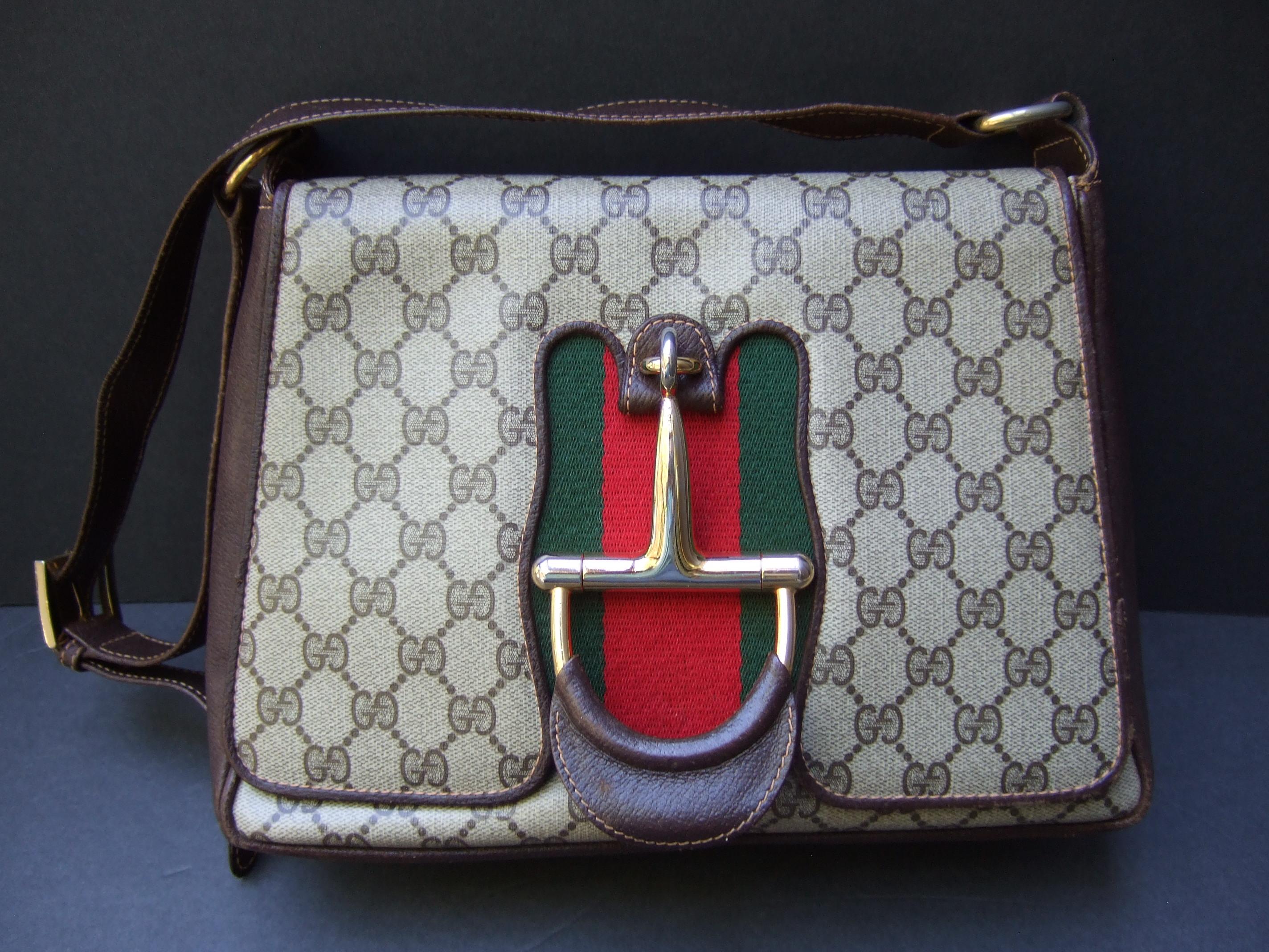 Gucci Italy Rare Gilt Bridal Medallion Brown Coated Canvas Shoulder Bag c 1970s  3