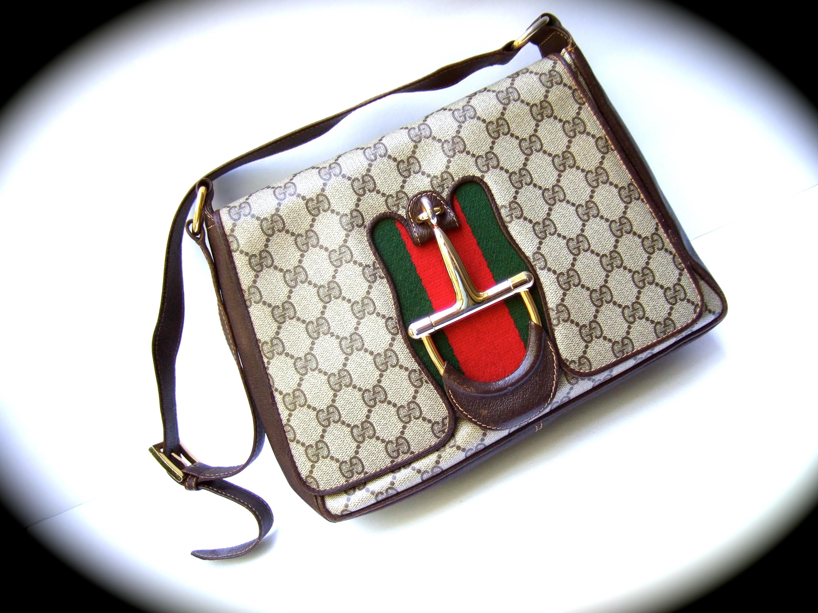 Gucci Italy Rare Gilt Bridal Medallion Brown Coated Canvas Shoulder Bag c 1970s  4