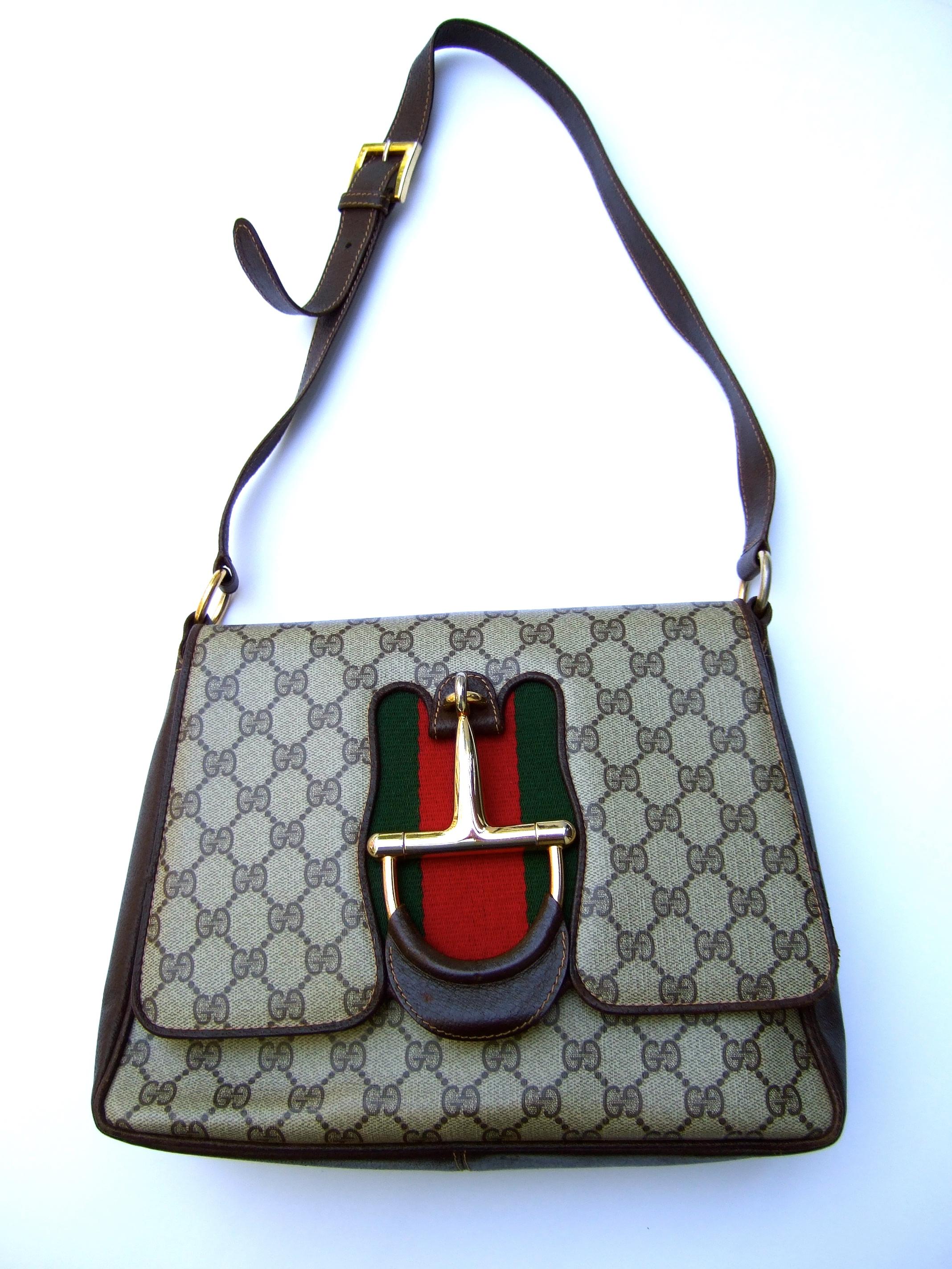 Gucci Italy Rare Gilt Bridal Medallion Brown Coated Canvas Shoulder Bag c 1970s  6