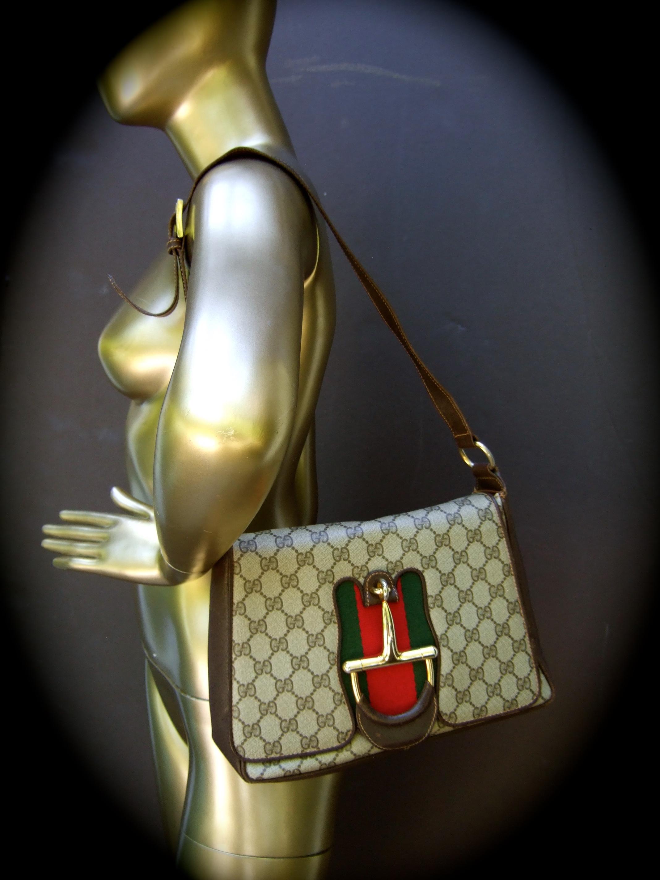 Gucci Italy Rare Gilt Bridal Medallion Brown Coated Canvas Shoulder Bag c 1970s  7