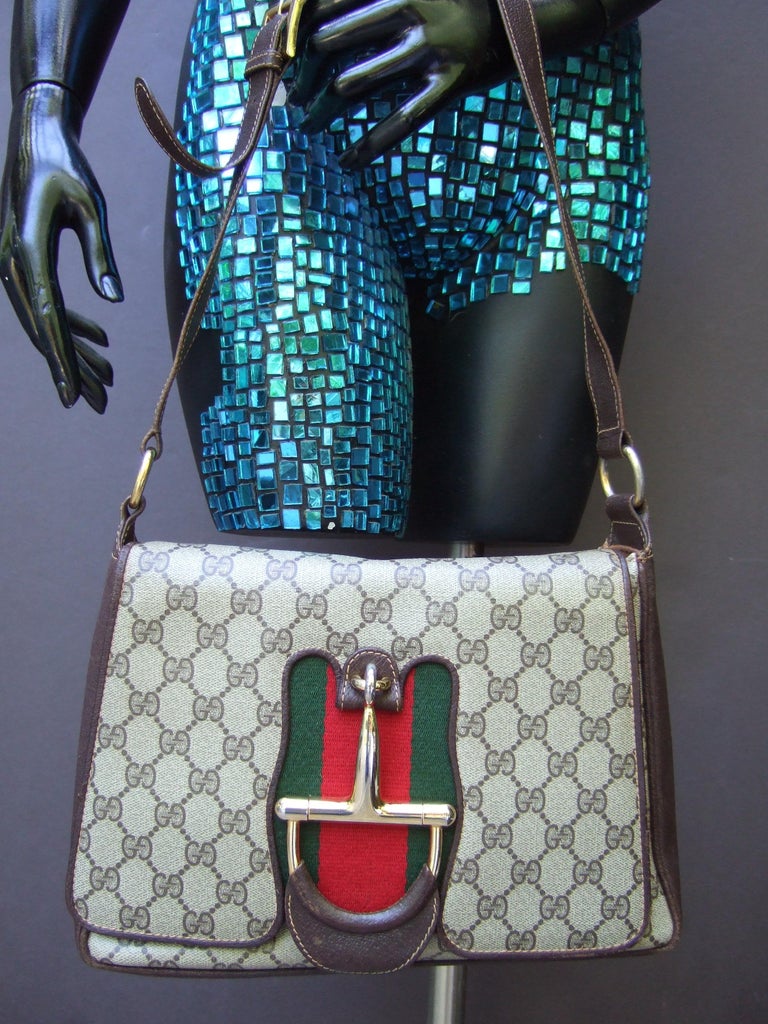 Gucci Italy Rare Gilt Bridal Medallion Brown Coated Canvas Shoulder Bag c  1970s