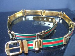 GUCCI Italy Rare Gold Metal Red & Green Resin Striped Hinged Link Belt c 1970s