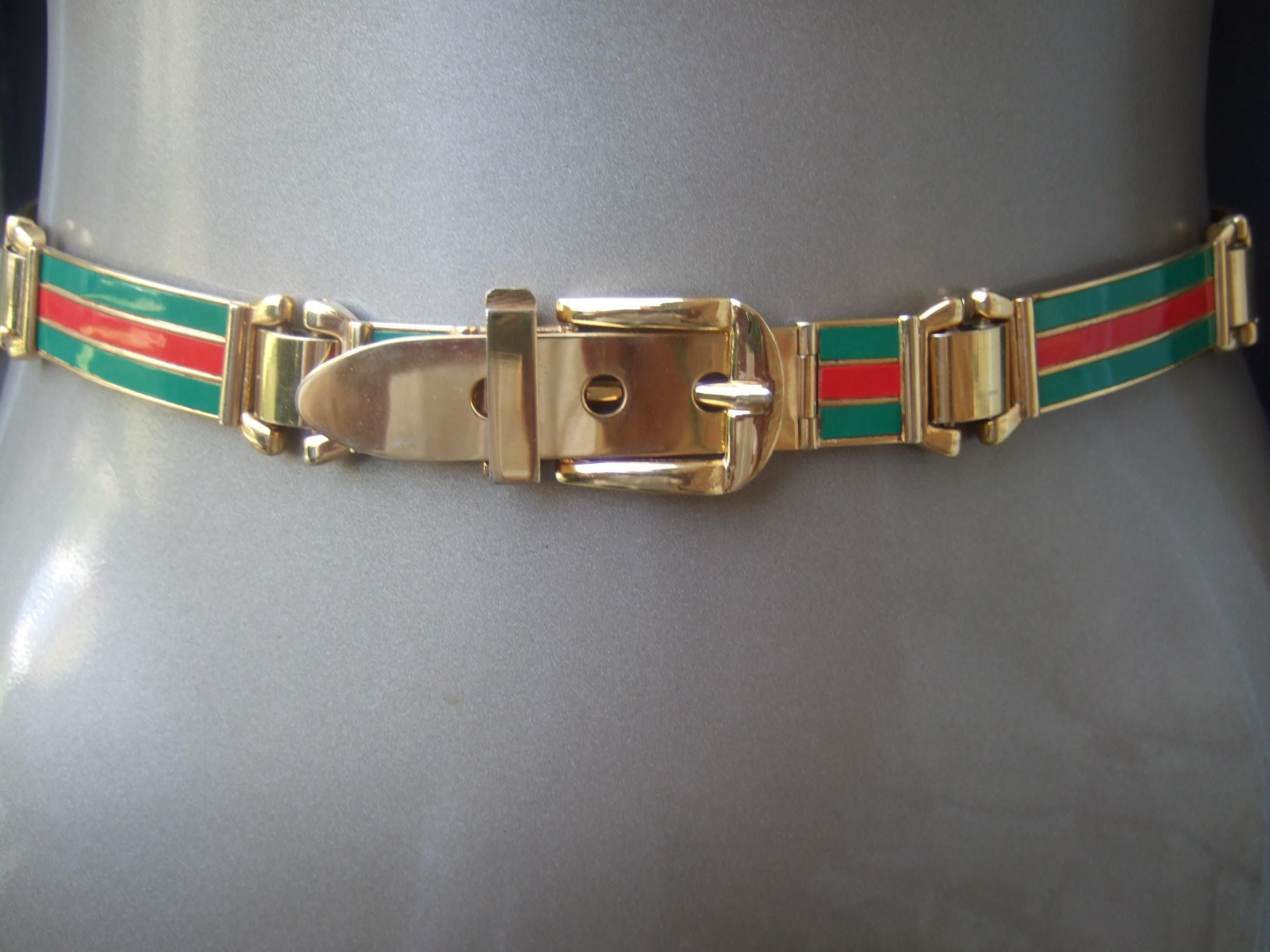GUCCI Italien Seltene Gold Metall Rot & Grün Harz Gestreift Scharnier Gürtel c 1970s Damen im Angebot