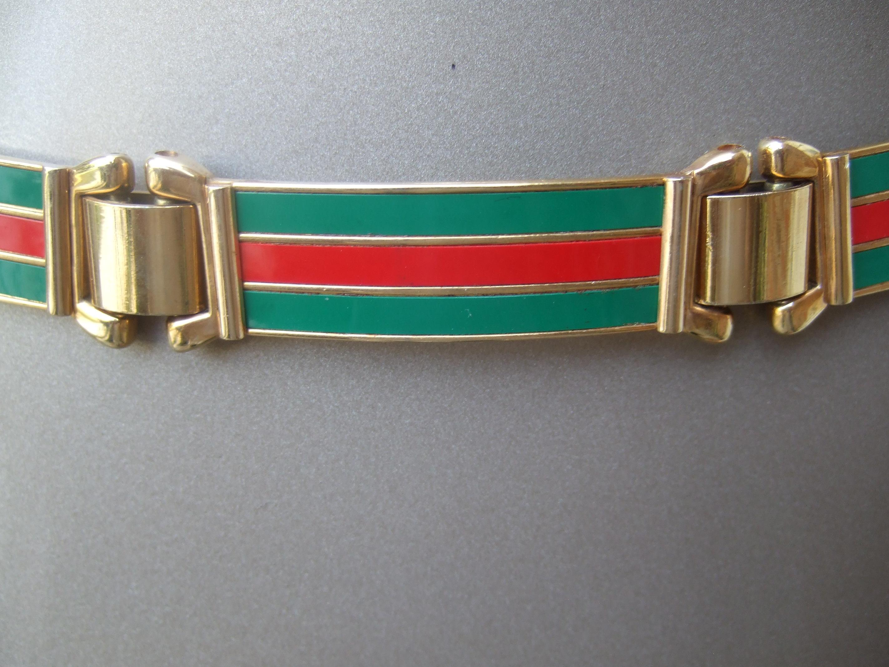 GUCCI Italien Seltene Gold Metall Rot & Grün Harz Gestreift Scharnier Gürtel c 1970s im Angebot 3