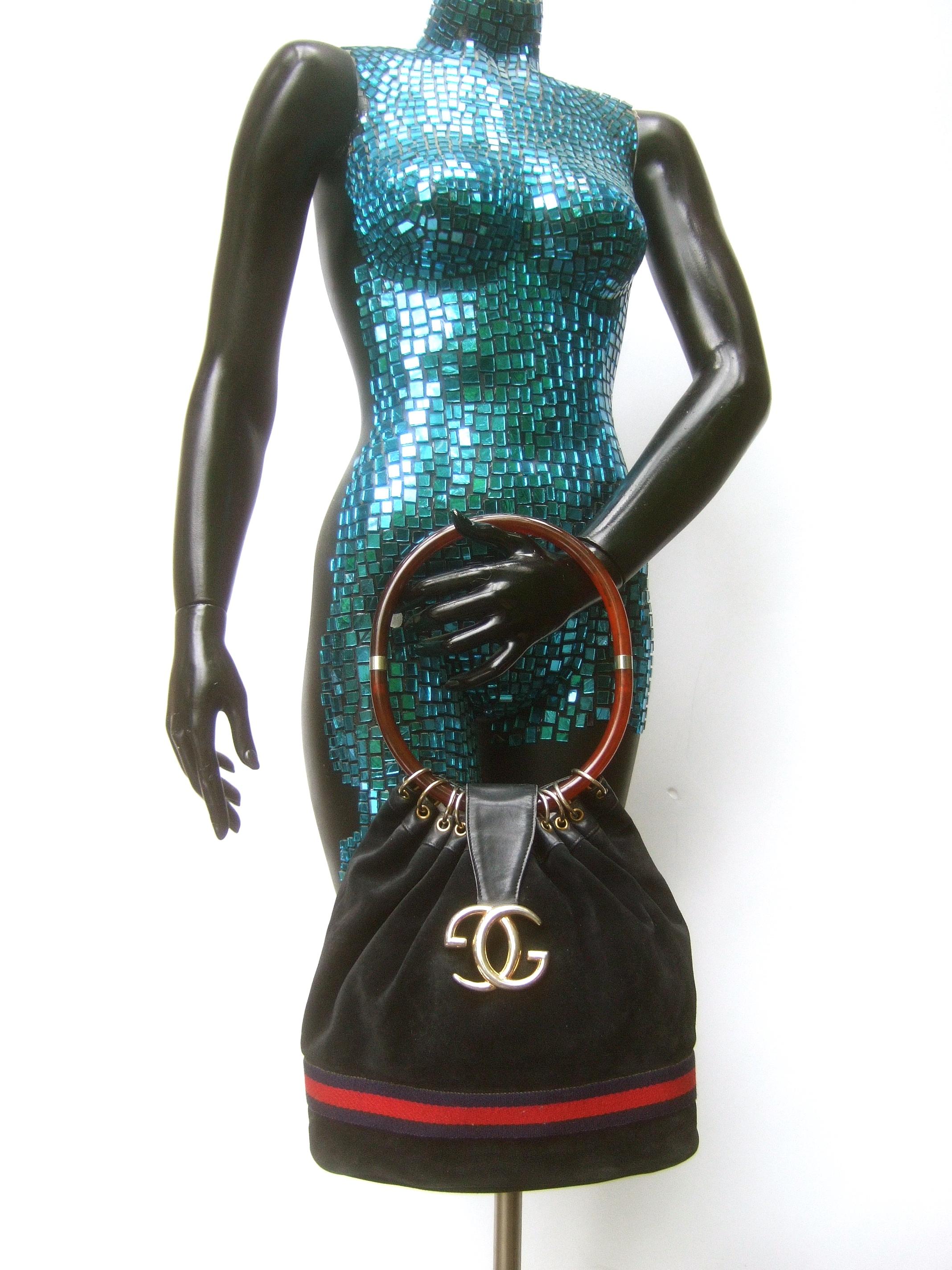 Gucci Italy Rare Midnight Blue Suede Amber Resin Lucite Handle Handbag c 1970s In Good Condition In University City, MO