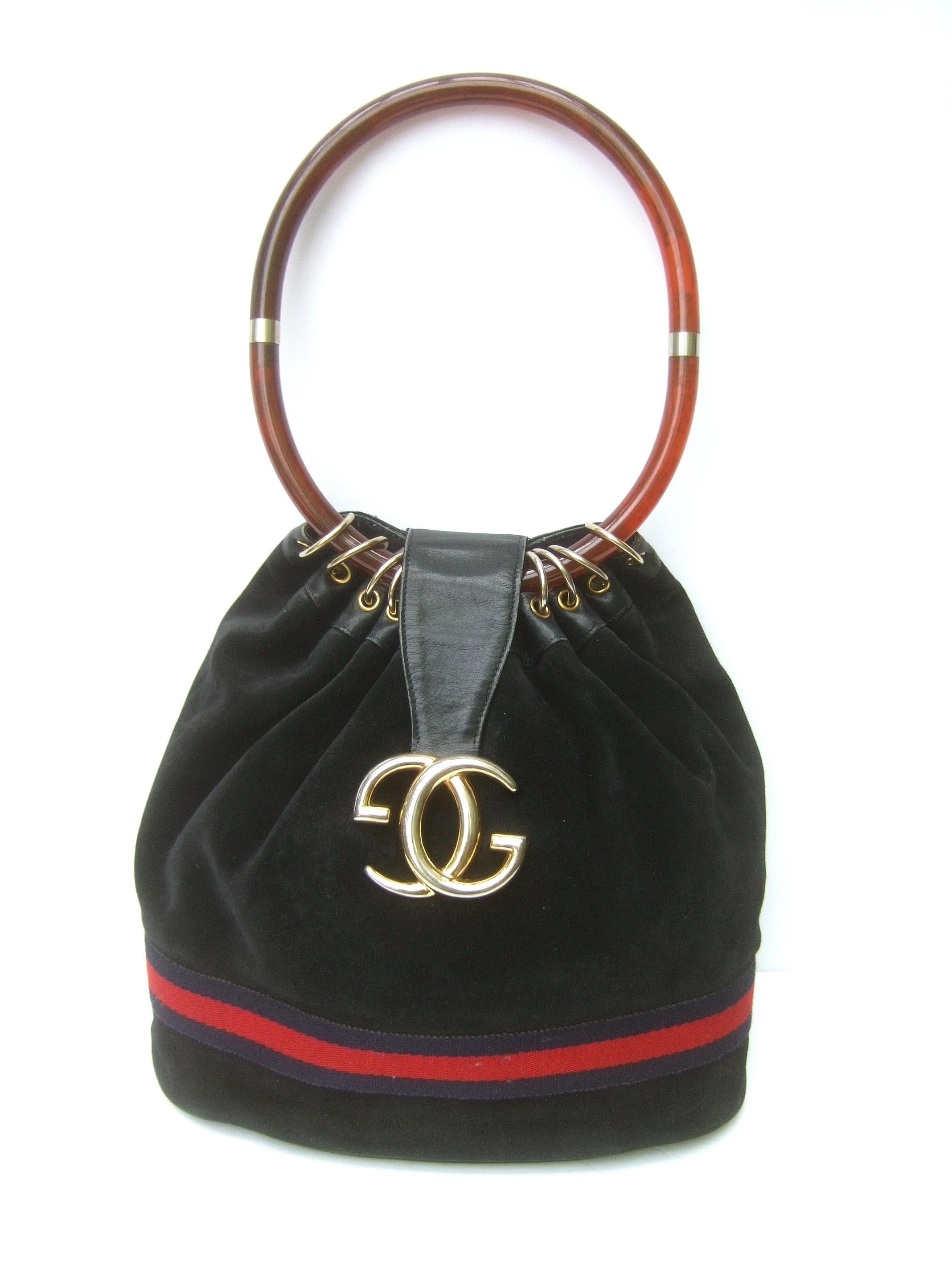 Women's Gucci Italy Rare Midnight Blue Suede Amber Resin Lucite Handle Handbag c 1970s