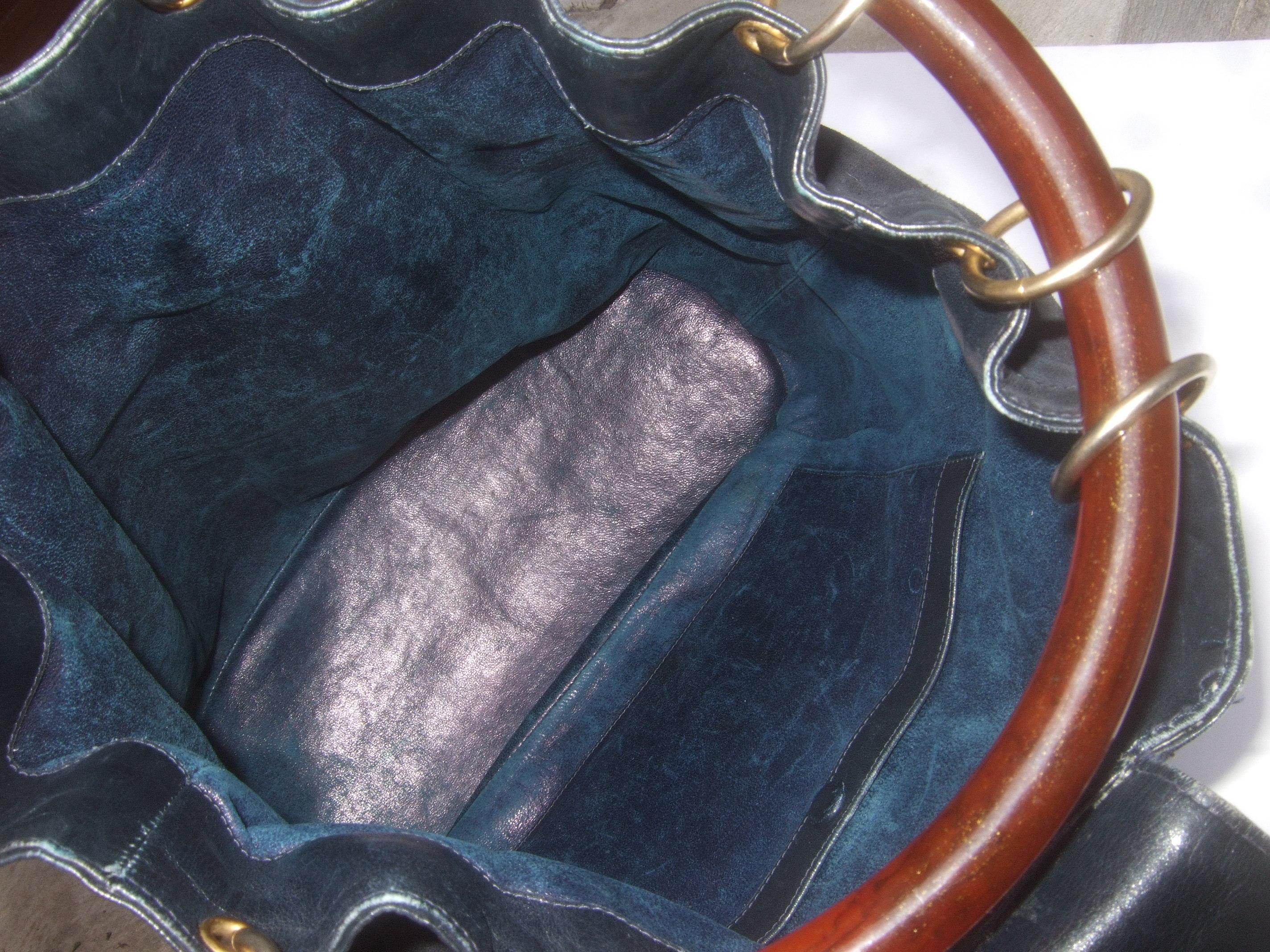 Gucci Italy Rare Midnight Blue Suede Amber Resin Lucite Handle Handbag c 1970s 2