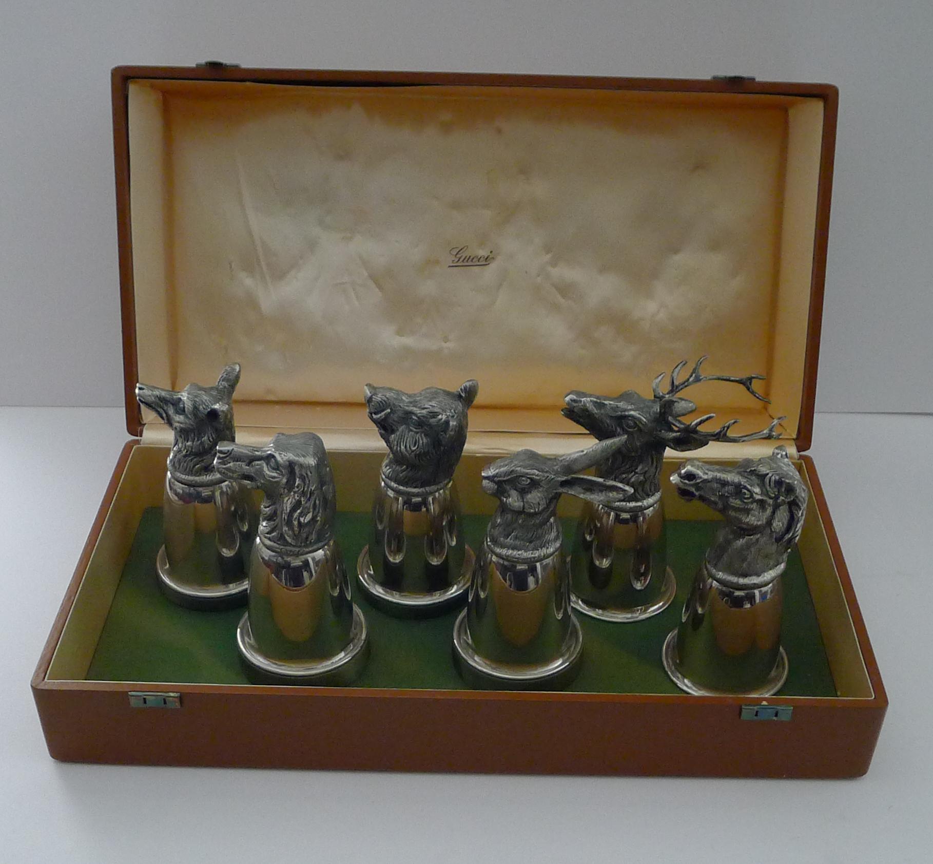 A rare chance to acquire a complete vintage set of six silver plated animal stirrup cups beautifully executed and signed by the luxury fashion house of Gucci.  What makes this set even more sought-after is the original presentation case. in fabulous