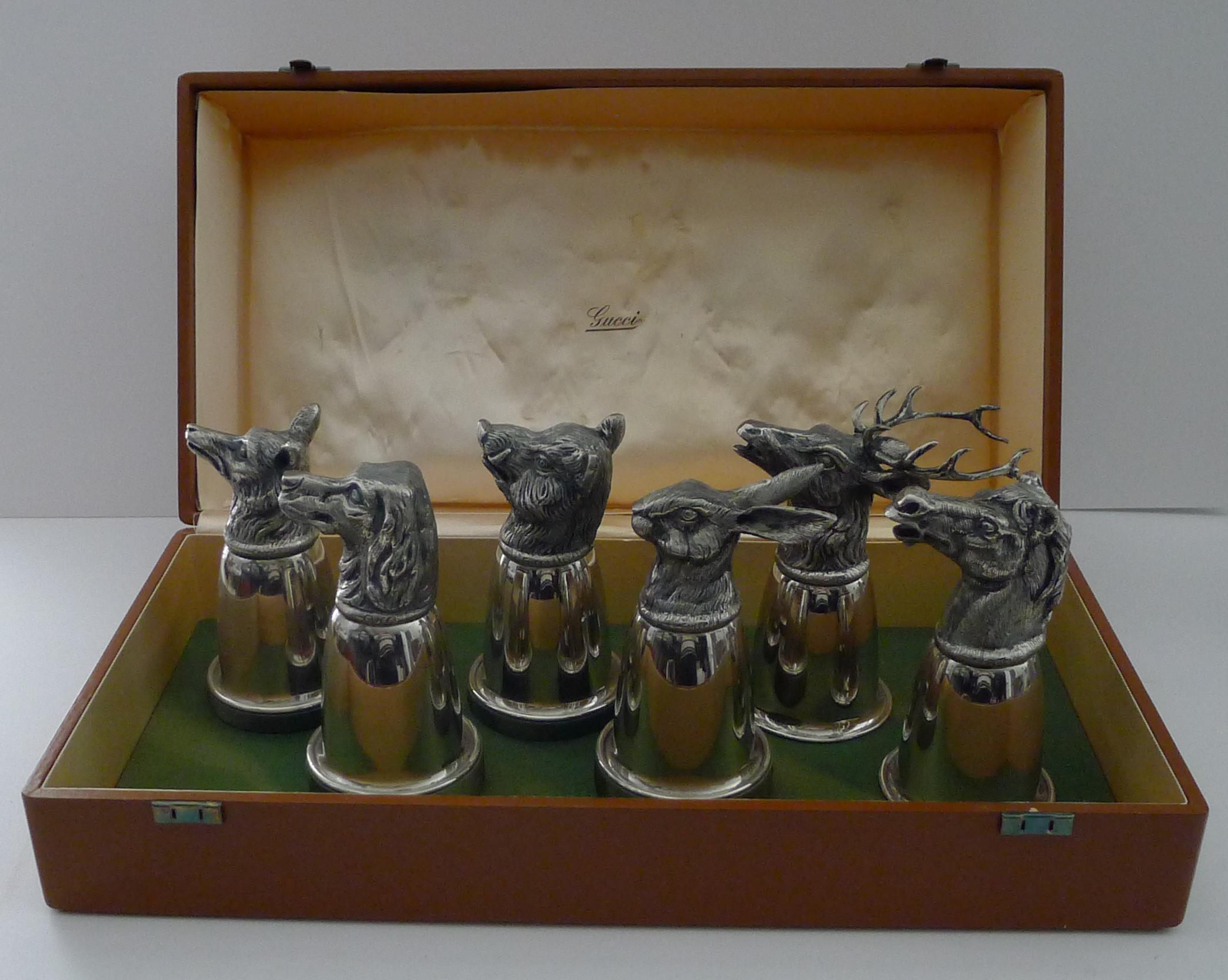 Mid-Century Modern Gucci, Italy - Rare Set Six Figural Stirrup Cups c.1960 - Original Case