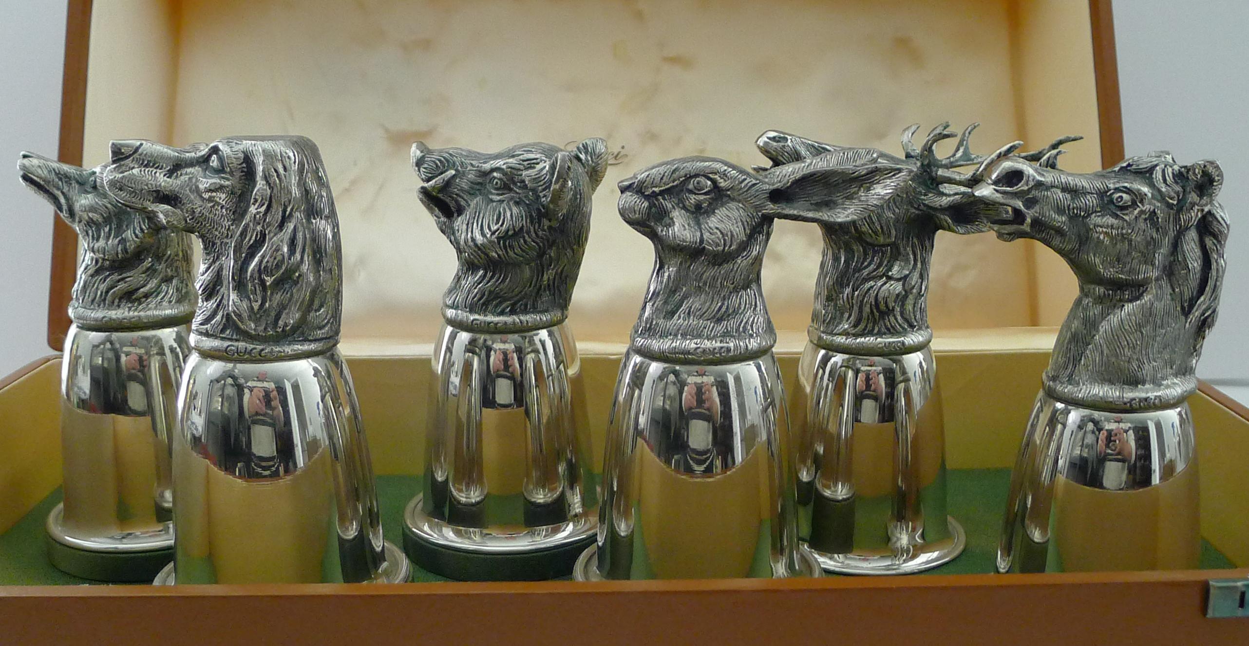 Italian Gucci, Italy - Rare Set Six Figural Stirrup Cups c.1960 - Original Case