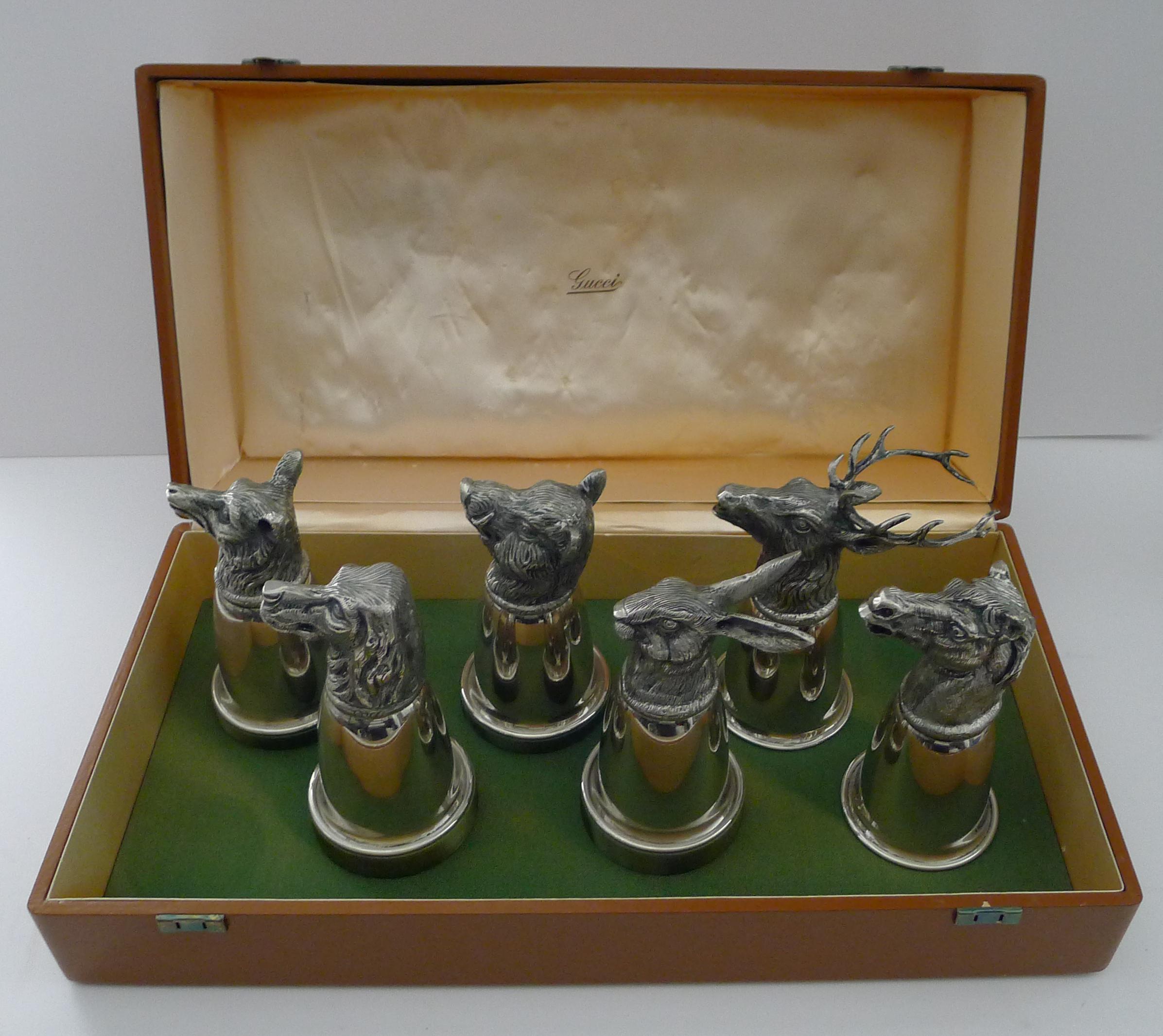 Mid-20th Century Gucci, Italy - Rare Set Six Figural Stirrup Cups c.1960 - Original Case