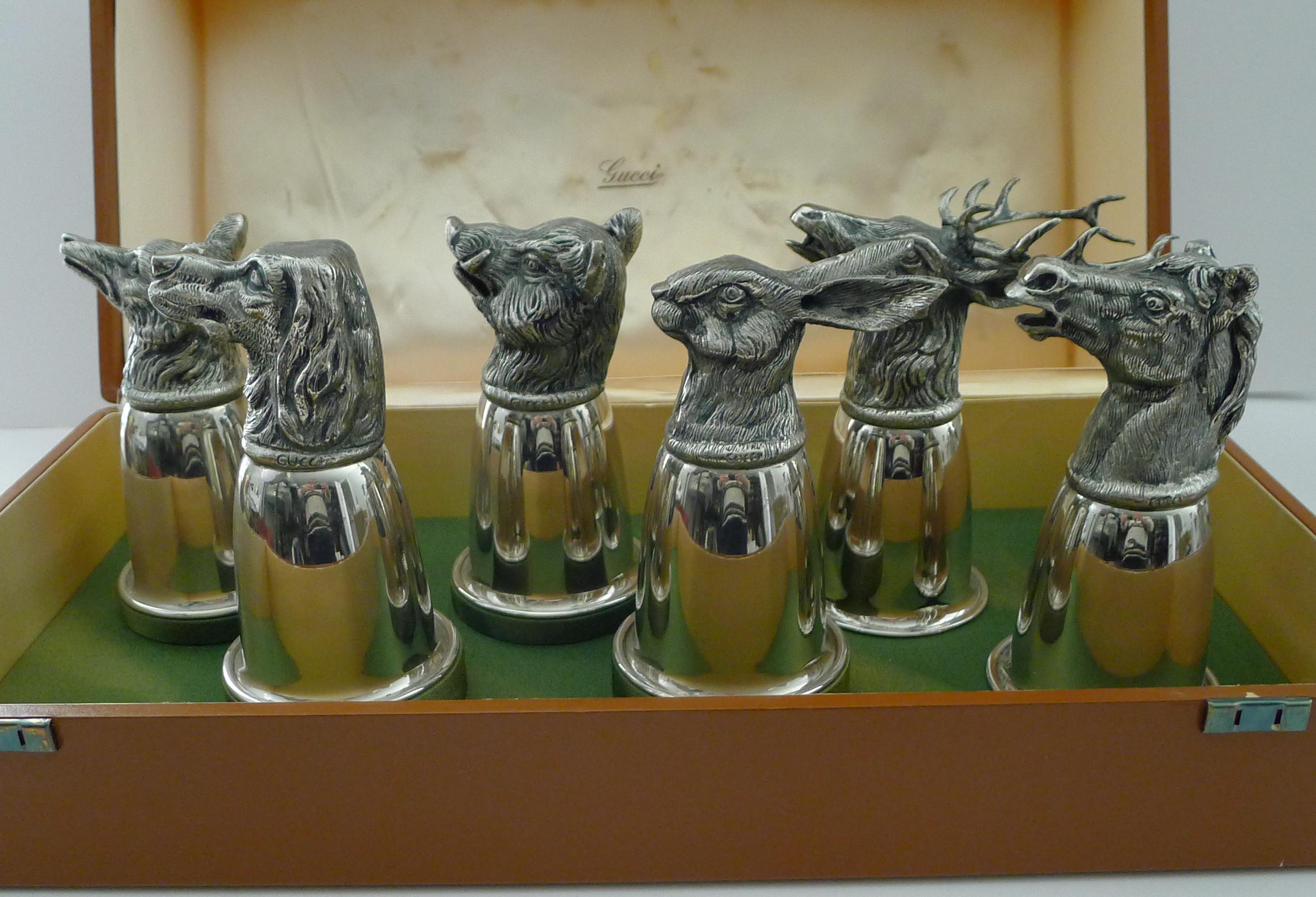Silver Plate Gucci, Italy - Rare Set Six Figural Stirrup Cups c.1960 - Original Case