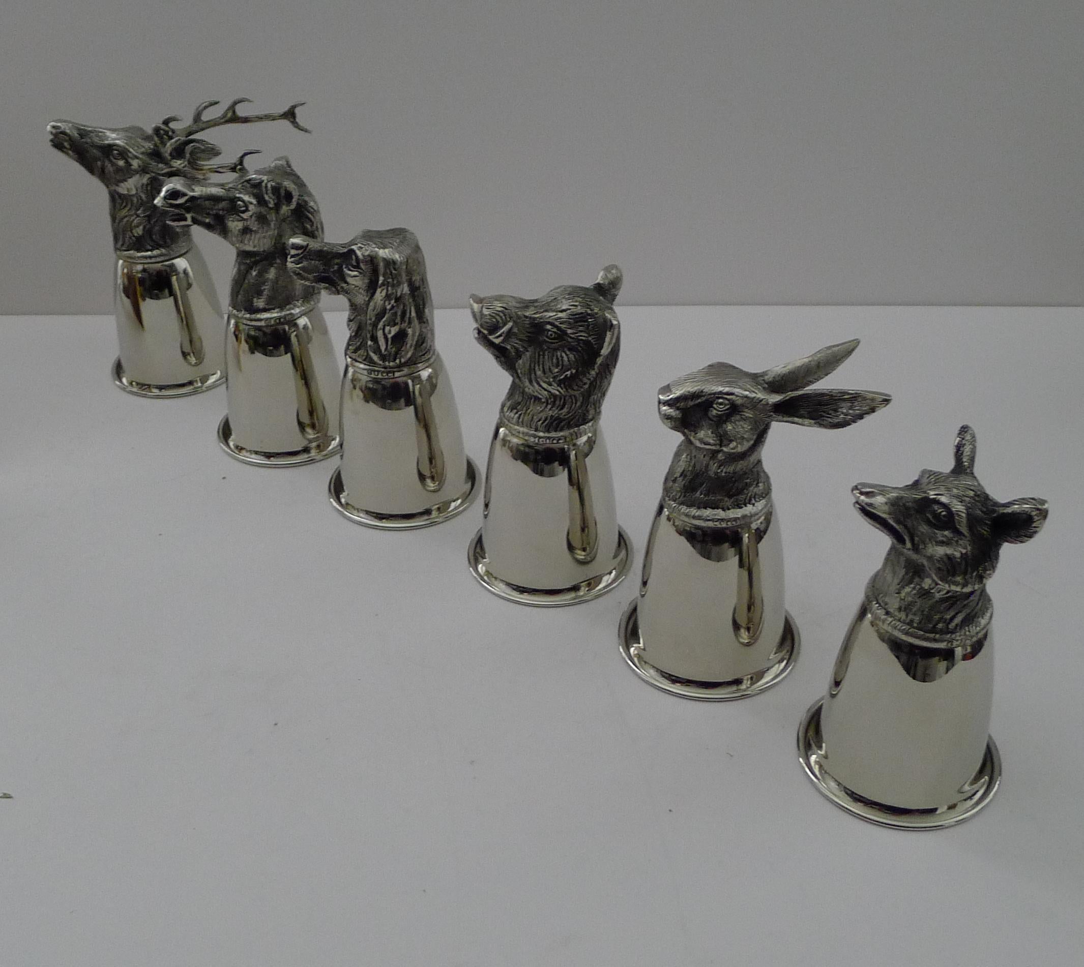 A rare chance to acquire a complete vintage set of six silver plated animal stirrup cups beautifully executed and signed by the luxury fashion house of Gucci.

Highly collectable and in superb condition with minor wear commensurate with age, dating