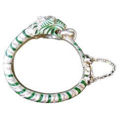 GUCCI Italy Rare Sterling Silver Green Enamel Hinged Bangle Bracelet c 1970s