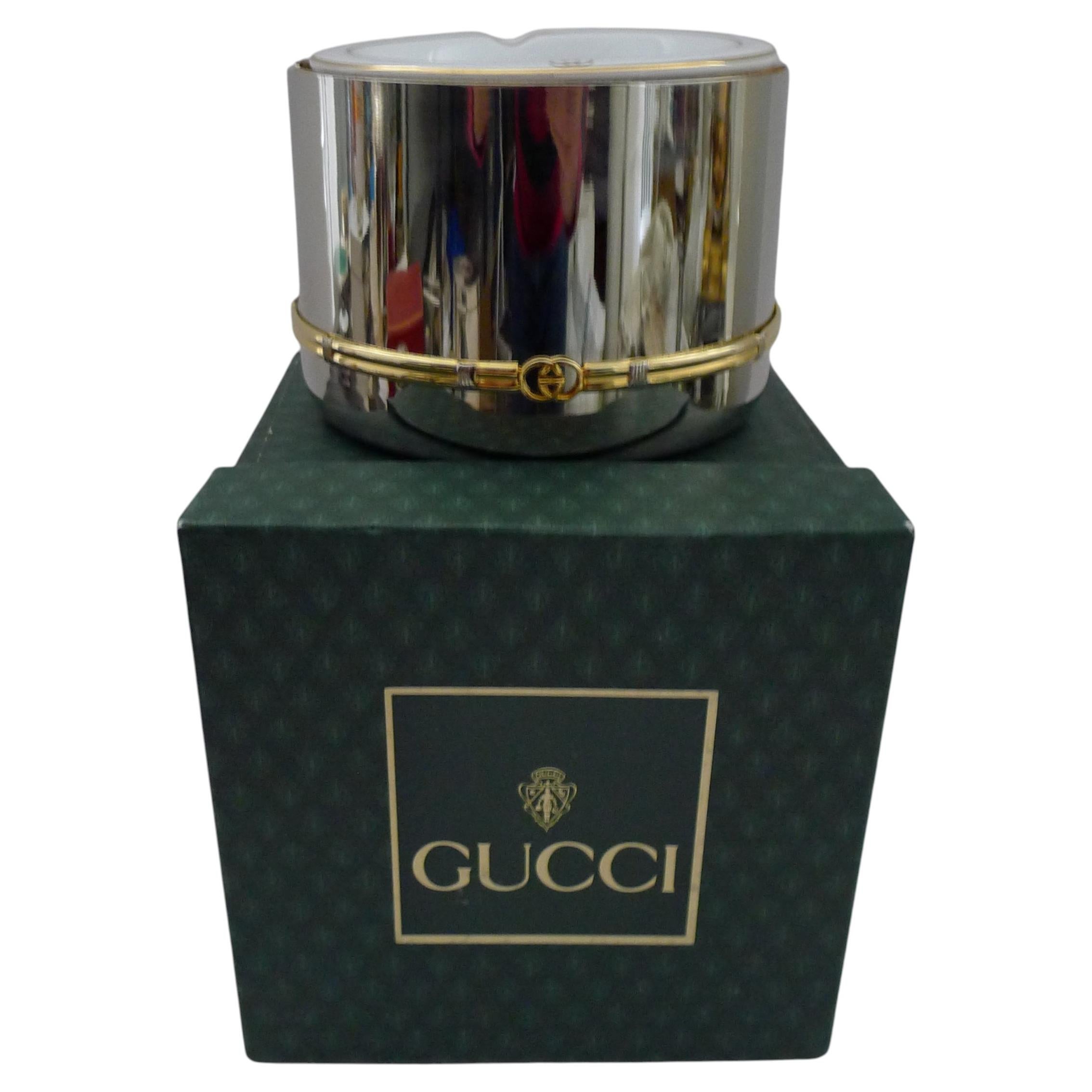 Gucci, Italy - Set Six Ceramic Ashtrays in Silver Plate and Gold Holder For Sale