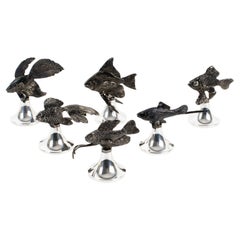 Vintage Gucci Italy Silver Plate and Black Metal Fish Place Card Holders