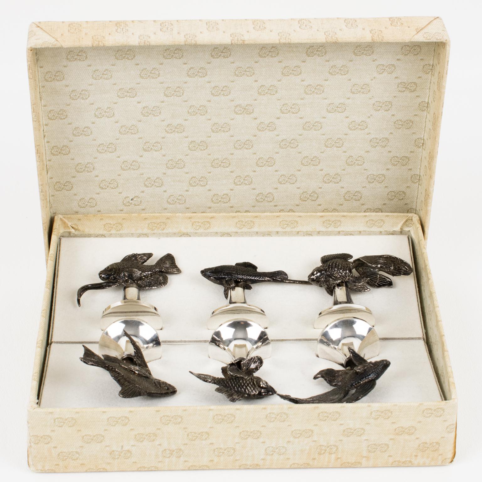 Italian Gucci Italy Silver Plate and Black Metal Fish Place Card Holders, six in box For Sale