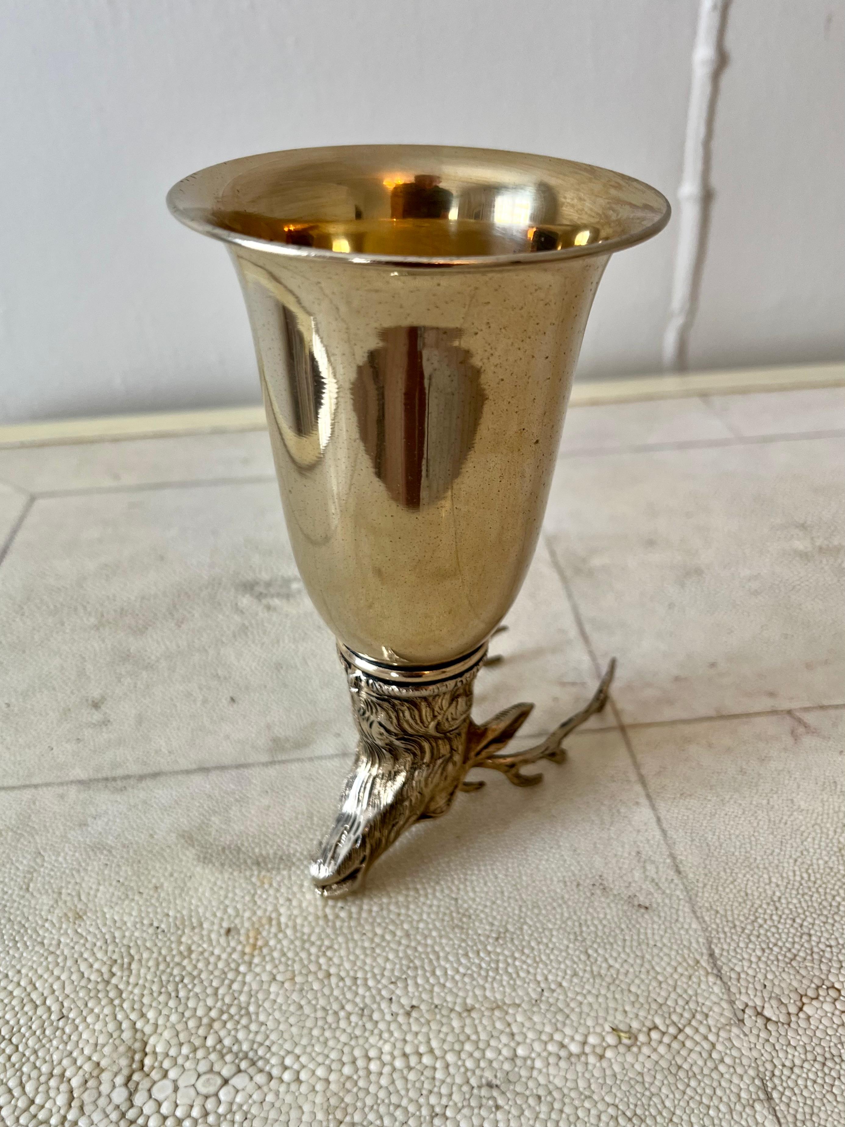 Patinated Gucci Italy Silver Plate Stirrup Cup with Elk Head For Sale