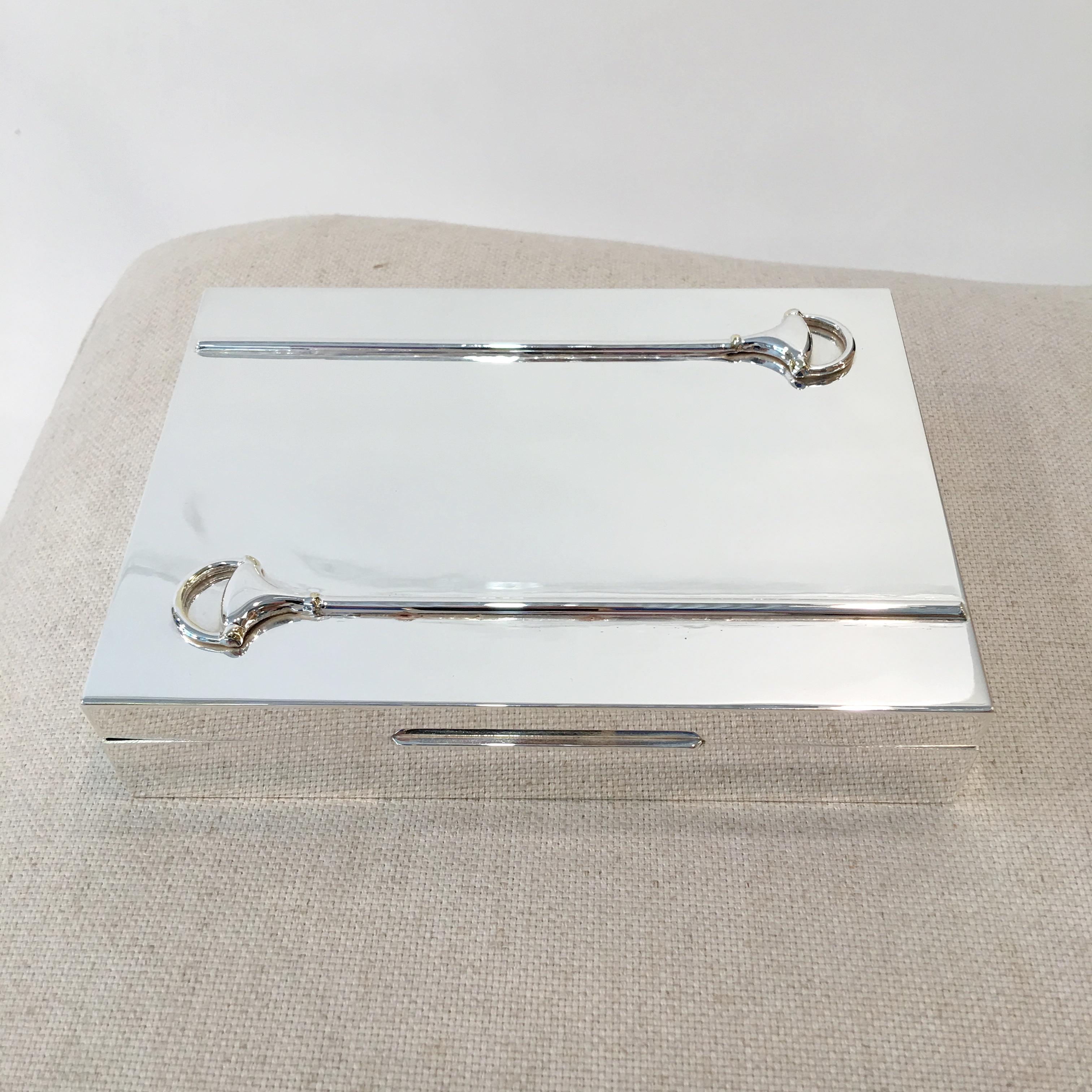 Extremely rare vintage 1970 Gucci Italy silver plated horse-bit decorated box lined with satinwood; hinged lid with stirrup snaffle motif and raised lip so airtight when closed. Restored to perfection.