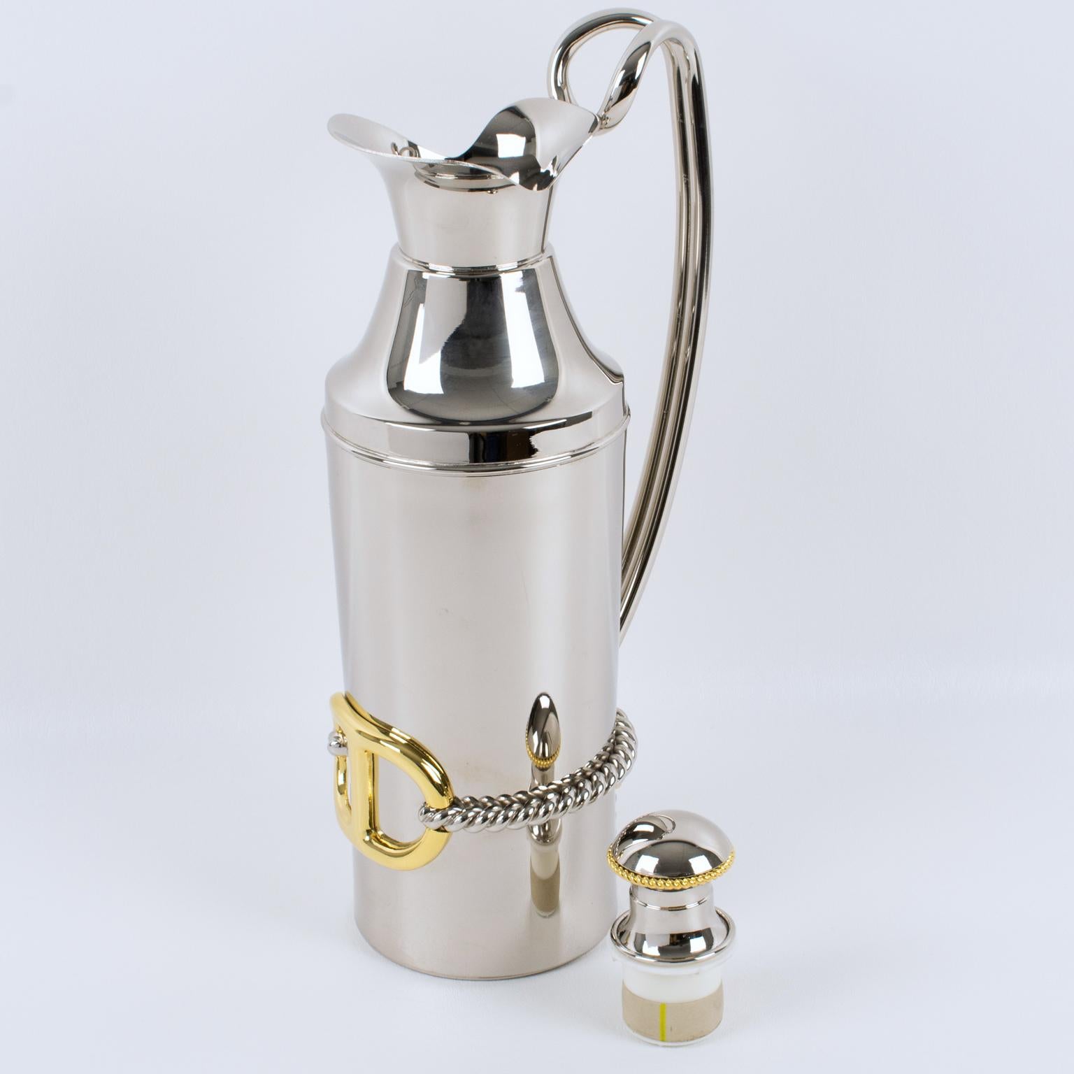 Gucci Italy Silvered and Gilt Metal Barware Thermos Insulated Decanter with Rope For Sale 3