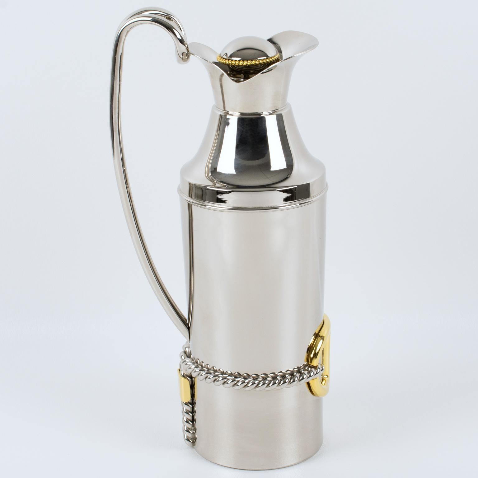 Italian Gucci Italy Silvered and Gilt Metal Barware Thermos Insulated Decanter with Rope For Sale