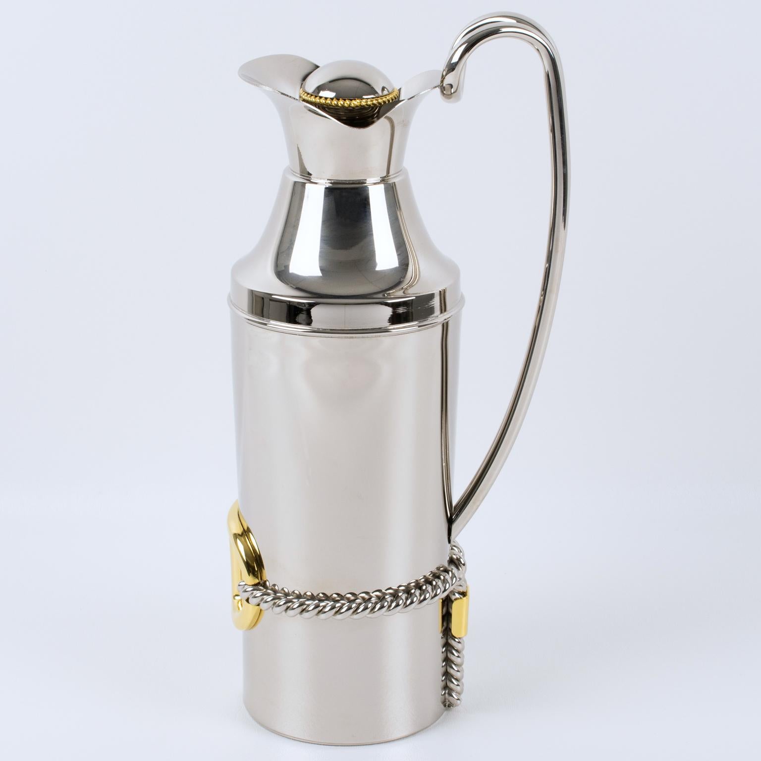 Gucci Italy Silvered and Gilt Metal Barware Thermos Insulated Decanter with Rope In Excellent Condition For Sale In Atlanta, GA