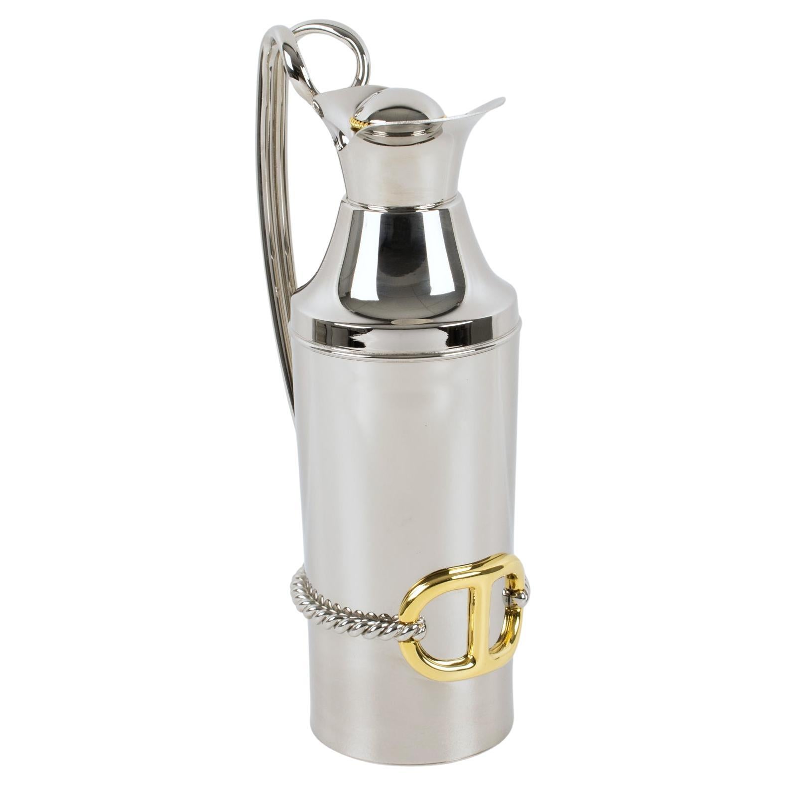 Gucci Italy Silvered and Gilt Metal Barware Thermos Insulated Decanter with Rope For Sale