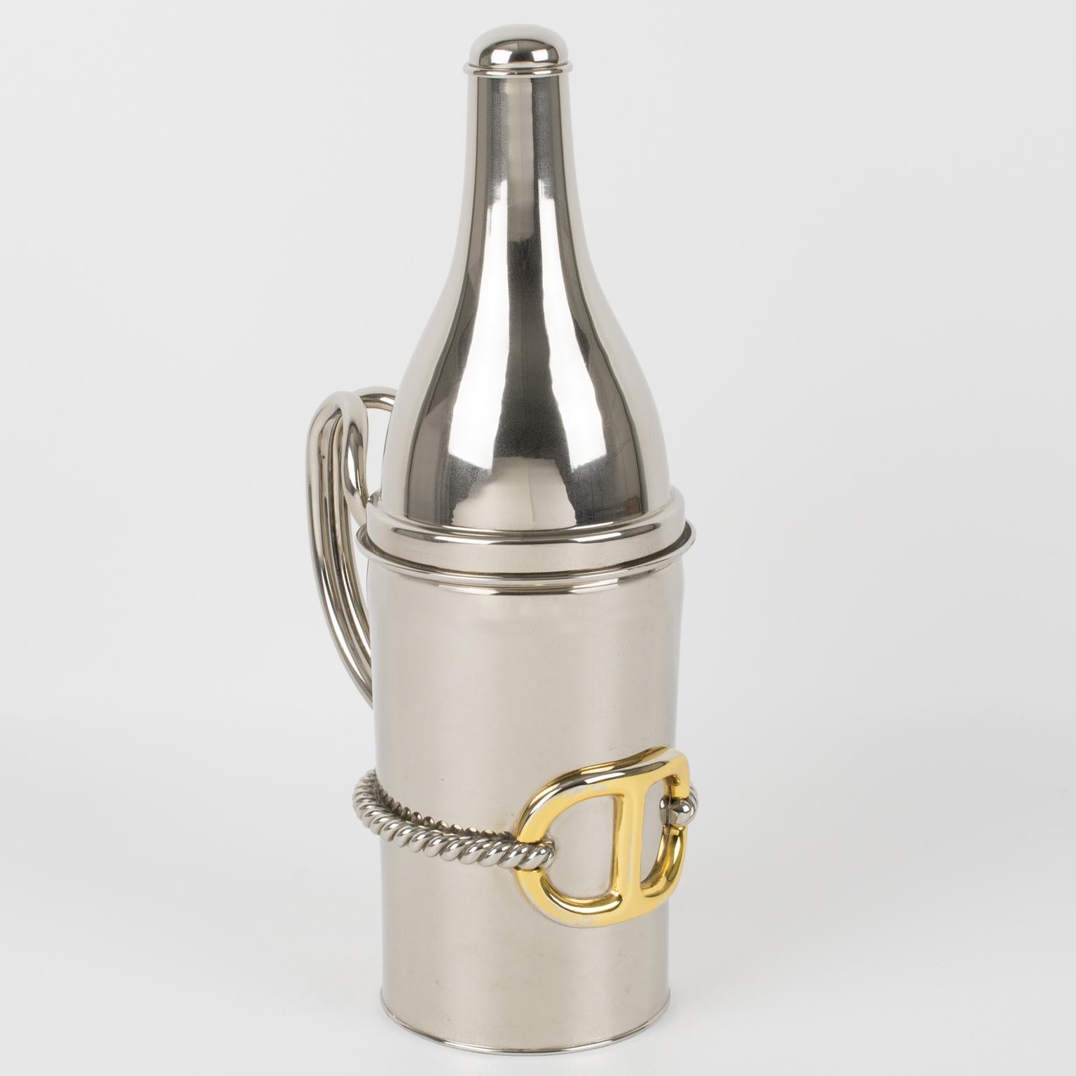 Gucci, Italy, crafted this luxury gold-plated and silvered metal barware bottle holder or bottle decanter in the 1980s. This bar accessory features a sleek and modernist design made from silvered metal. The piece is adorned with a tall