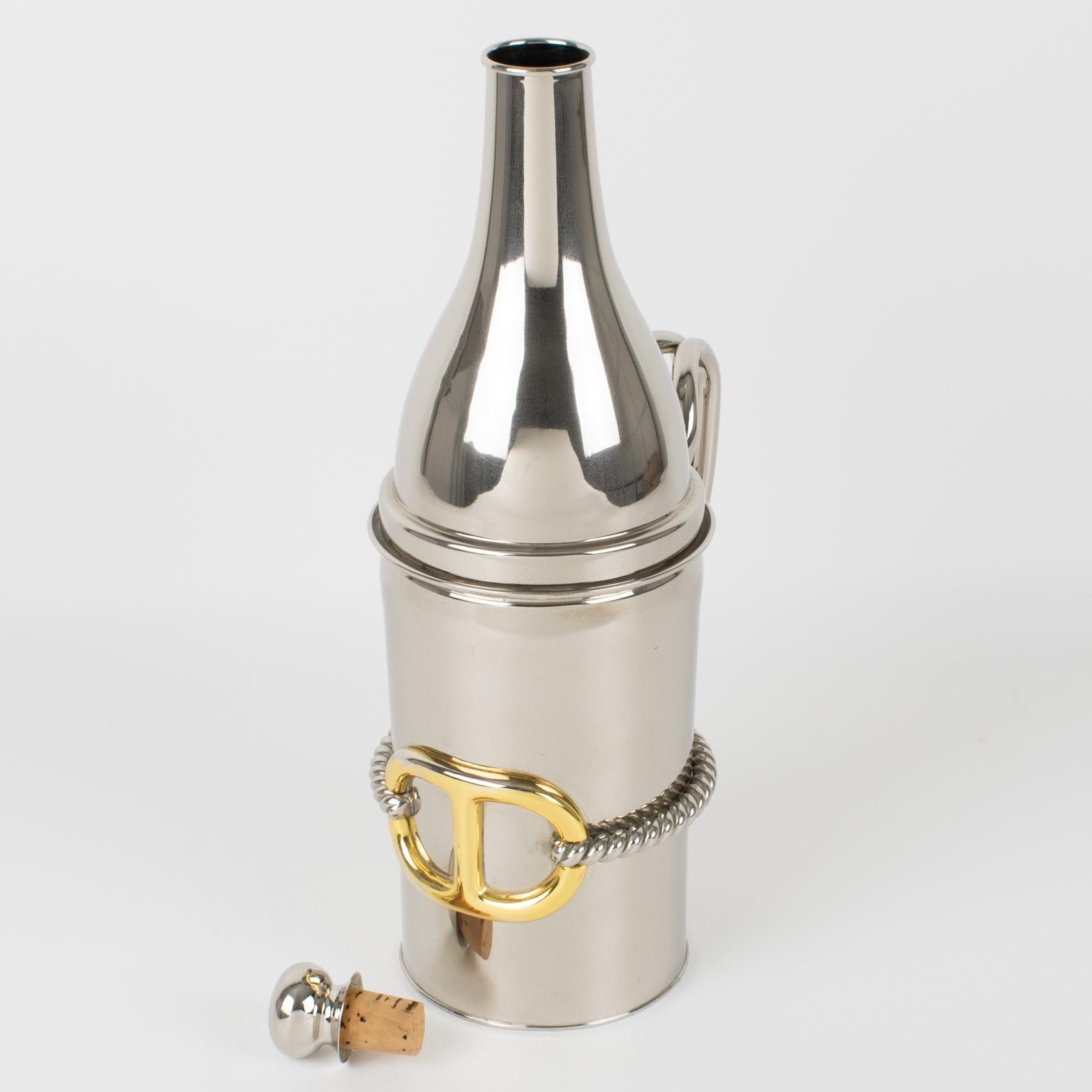 Gucci Italy Silvered and Gilt Metal Bottle Holder Decanter with Rope In Good Condition For Sale In Atlanta, GA