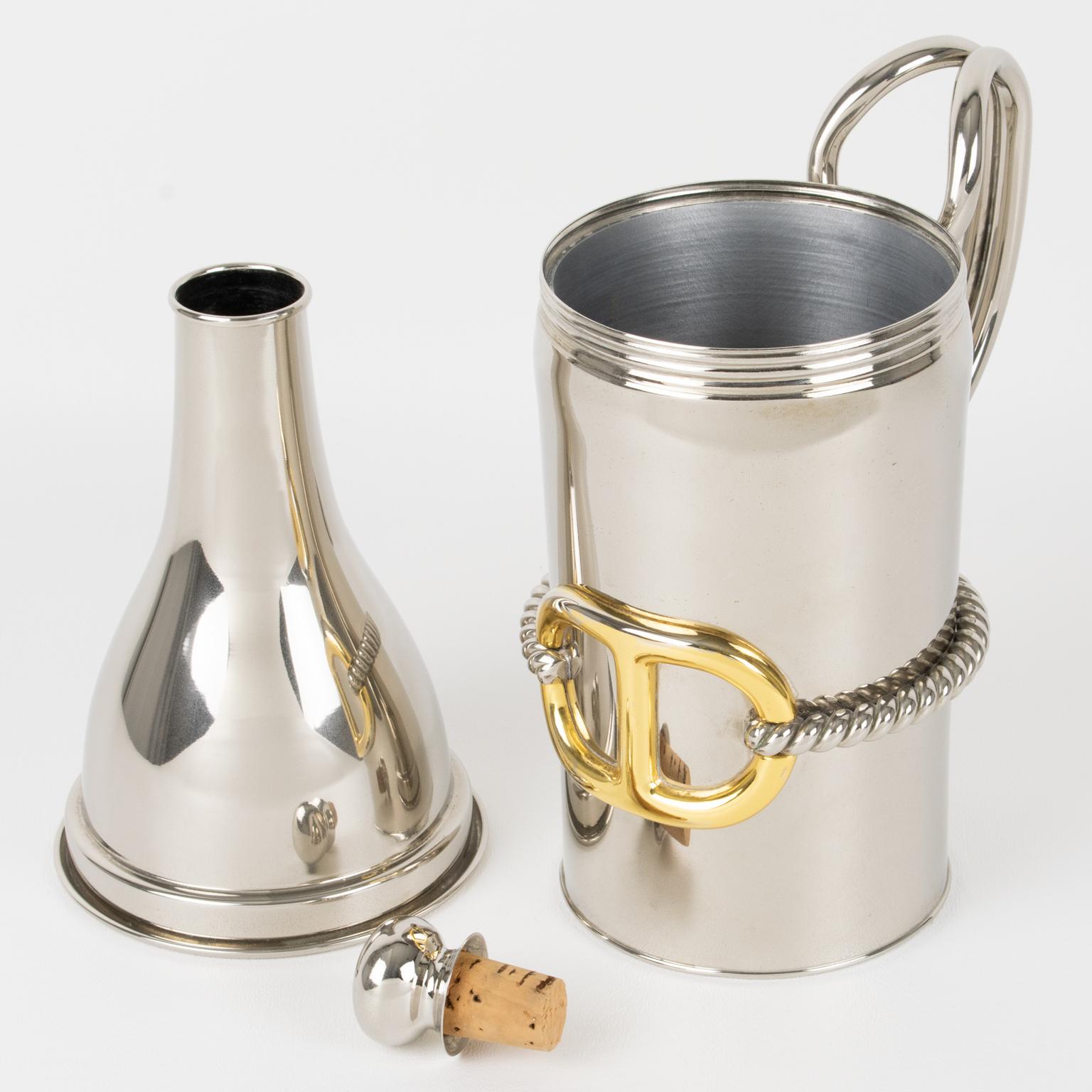 Late 20th Century Gucci Italy Silvered and Gilt Metal Bottle Holder Decanter with Rope For Sale