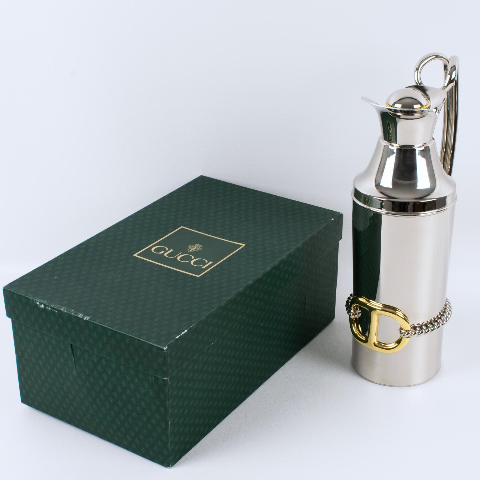 Modern Gucci Italy Silvered and Gilt Metal Barware Thermos Insulated Decanter with Rope