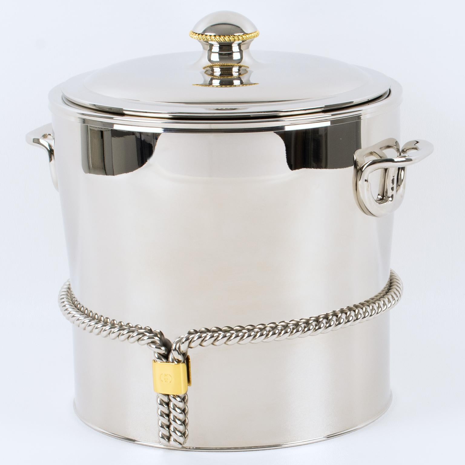 Italian Gucci Italy Silvered and Gold Plated Metal Barware Ice Bucket For Sale